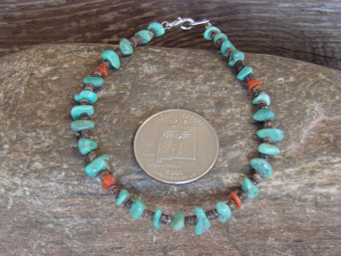 Native American Sterling Silver Turquoise & Coral Nugget Stone Bracelet by Coriz