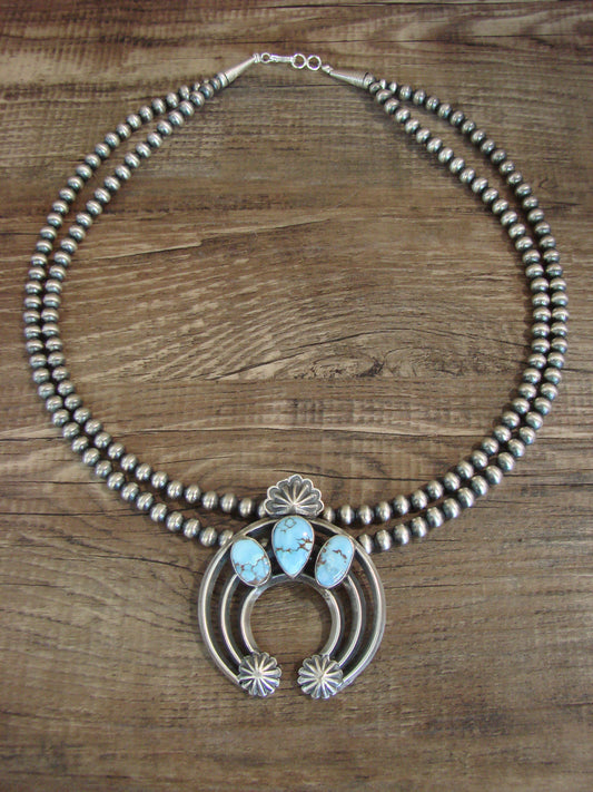 Native American 17" Sterling Silver & Turquoise Navajo Pearl Naja Necklace - Morgan