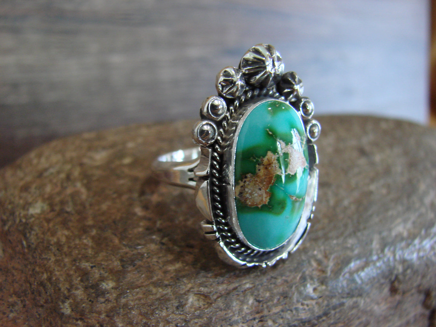 Native American Sterling Silver & Sonoran Turquoise Ring by Benally - Size 9