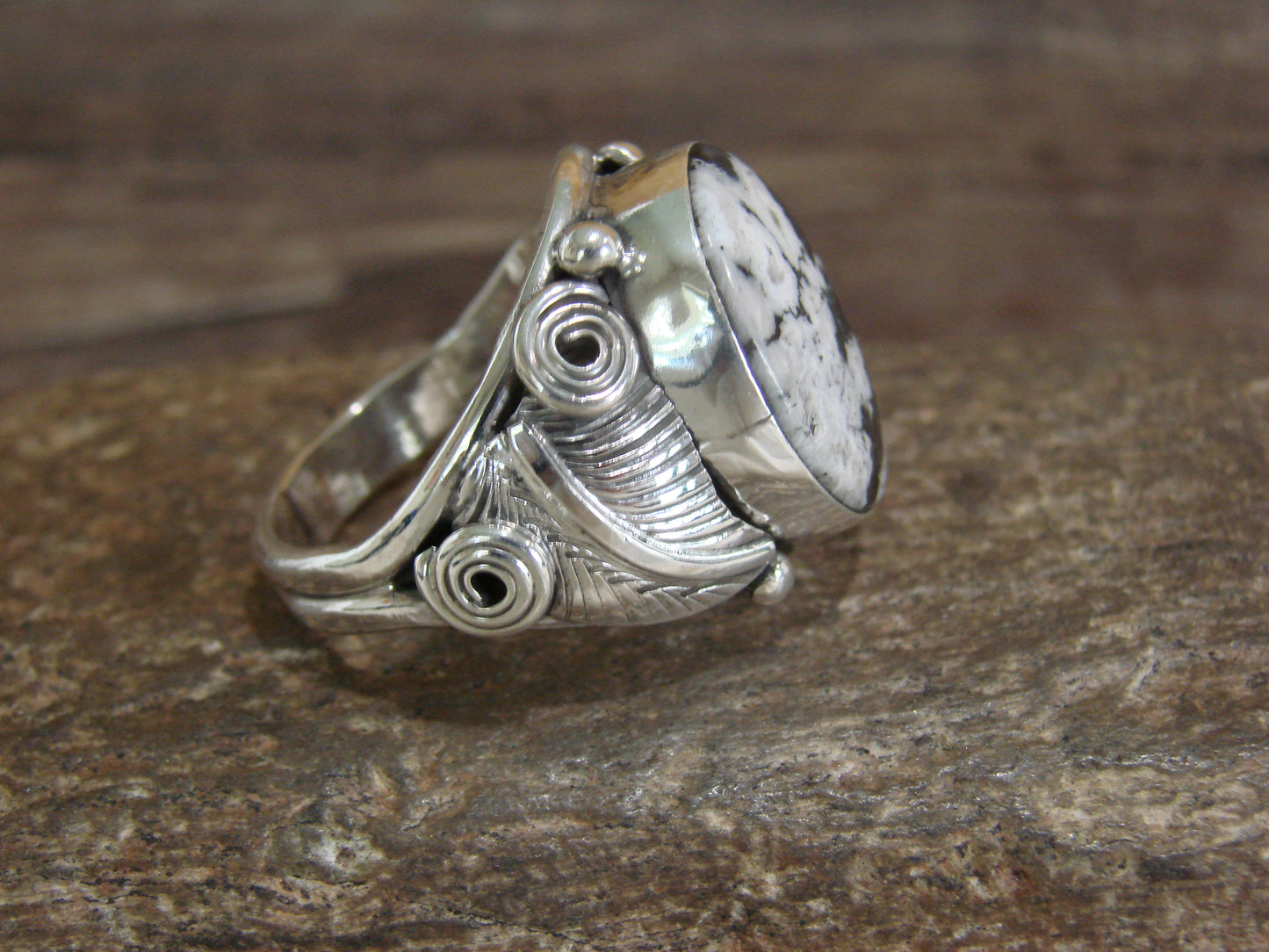 Native American Sterling Silver & White Buffalo Turquoise Ring - Morgan - Size 13