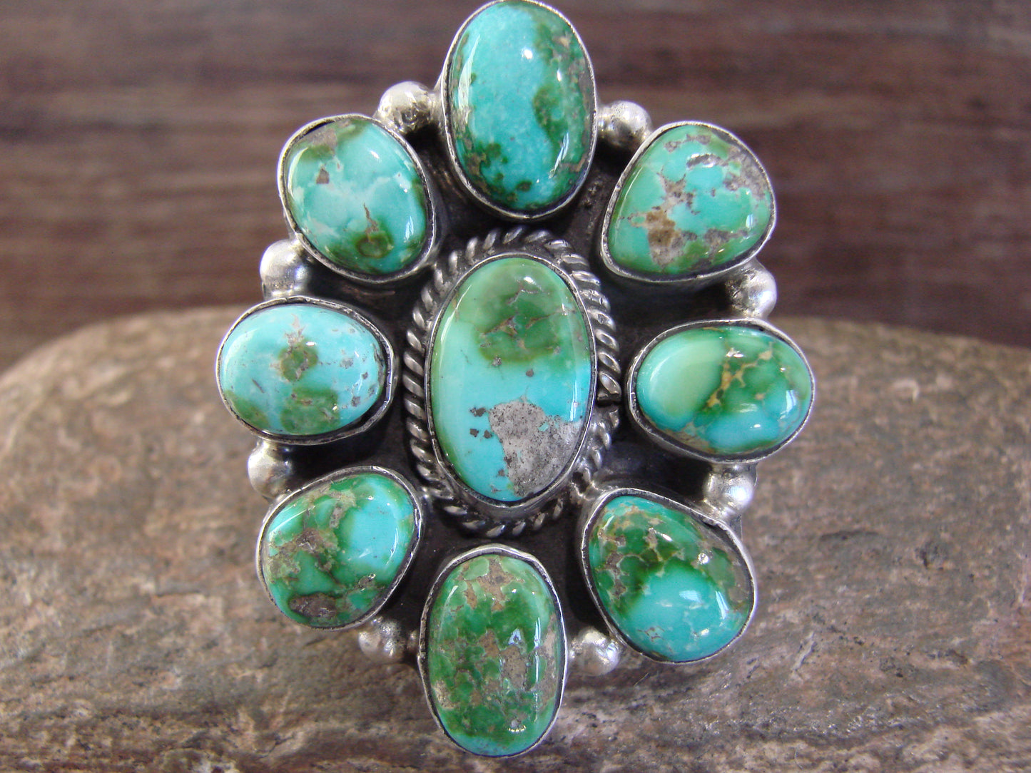 Large Native American Sterling Silver & Turquoise Cluster Ring - Williams - Size 8.5