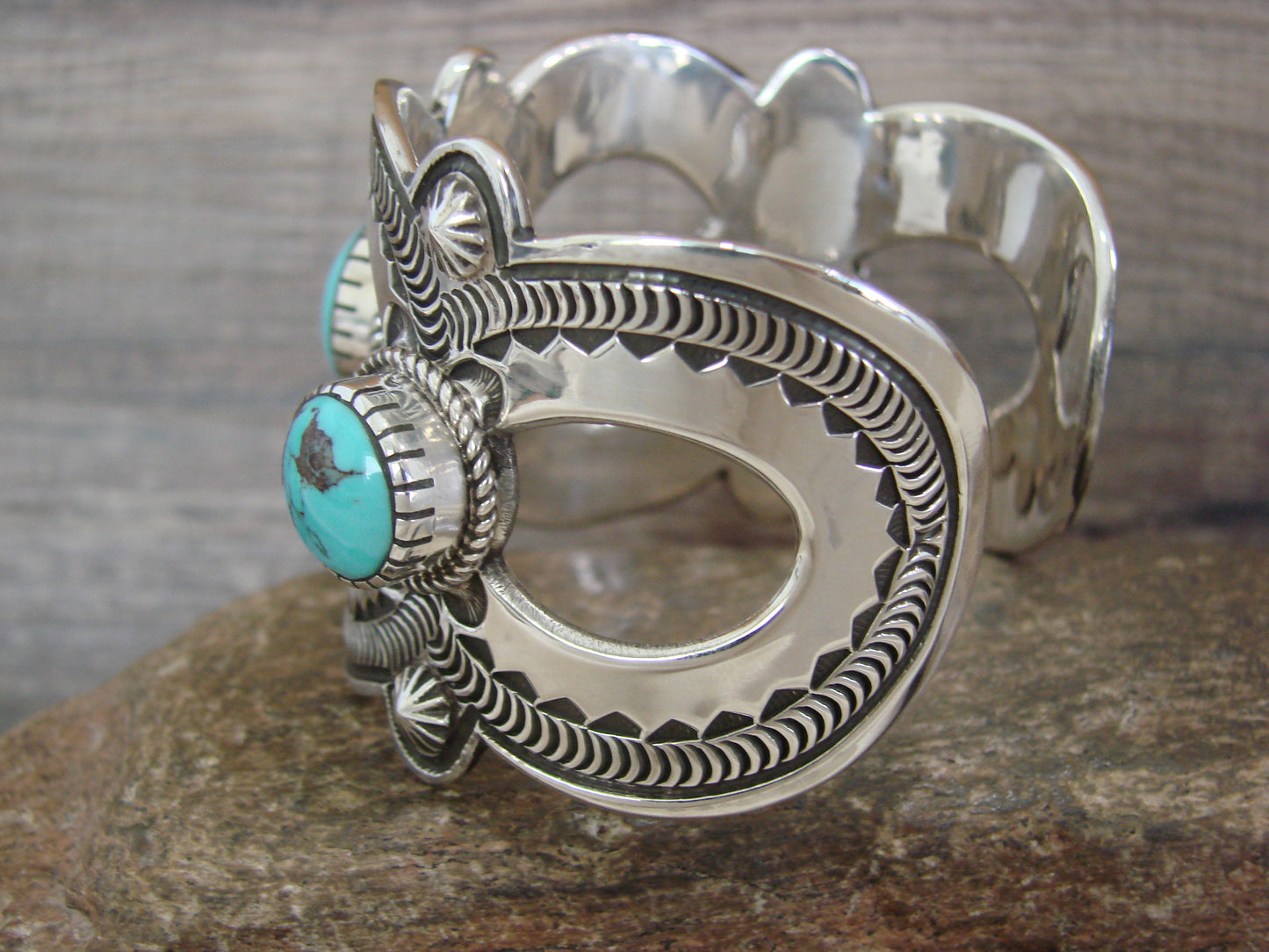 Native American Sterling Silver & Turquoise Bracelet Cuff by Roland Dixon