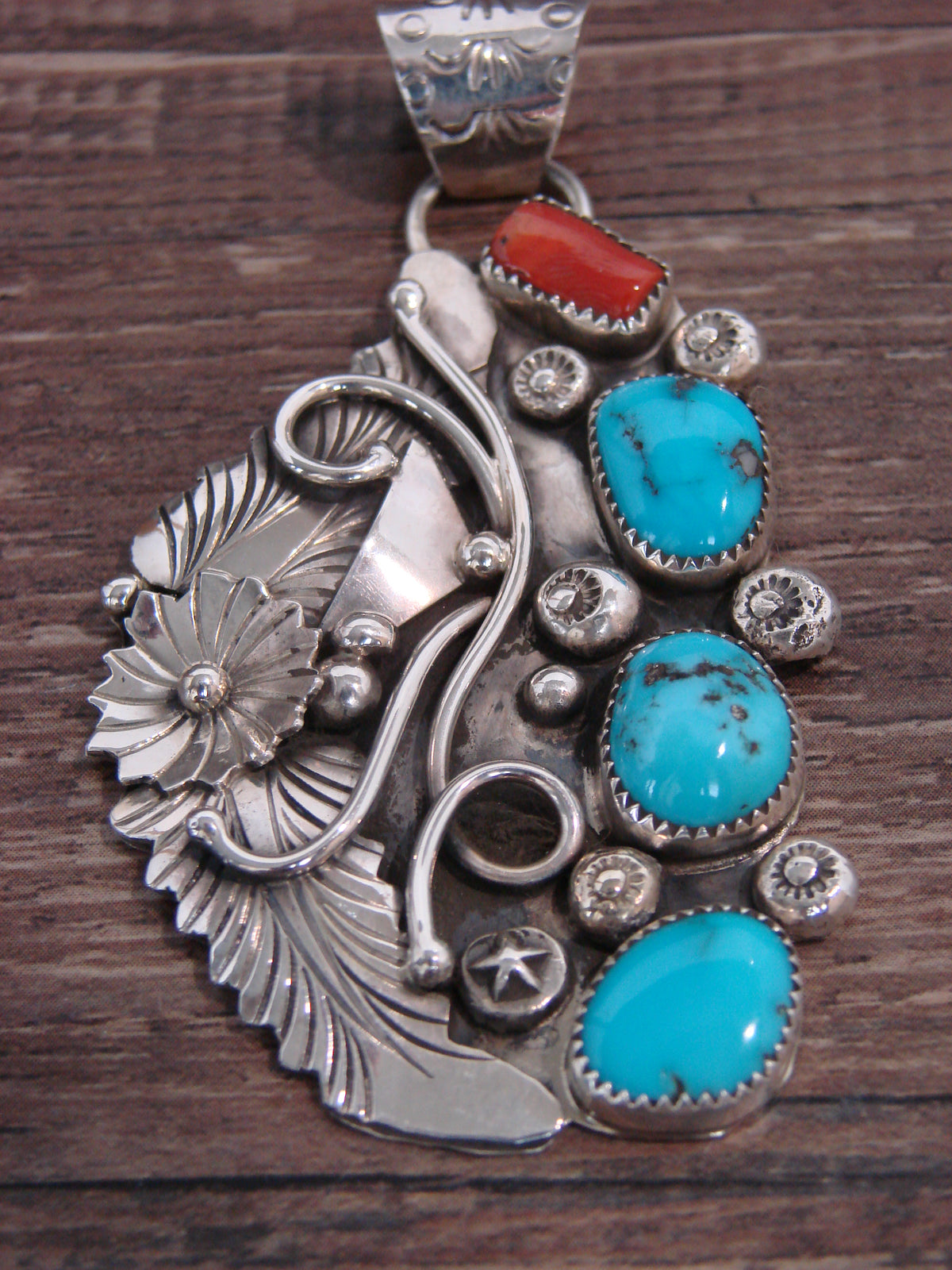 Native American Sterling Silver Turquoise & Coral Floral Pendant - Saunders