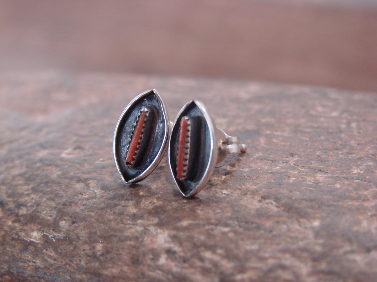 Native American Sterling Silver & Coral Needle Point Earrings by Othole