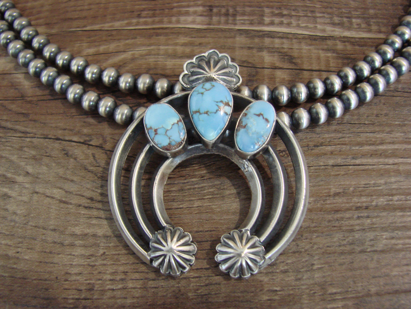 Native American 17" Sterling Silver & Turquoise Navajo Pearl Naja Necklace - Morgan