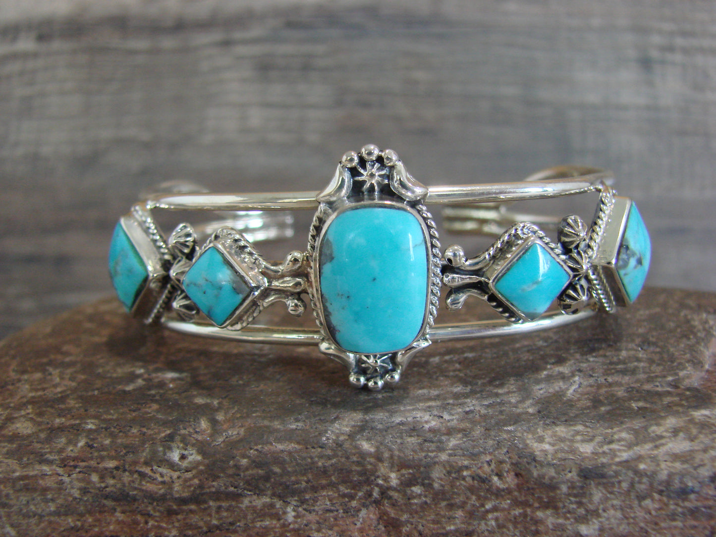Native American Sterling Silver & Turquoise Row Bracelet by Smith