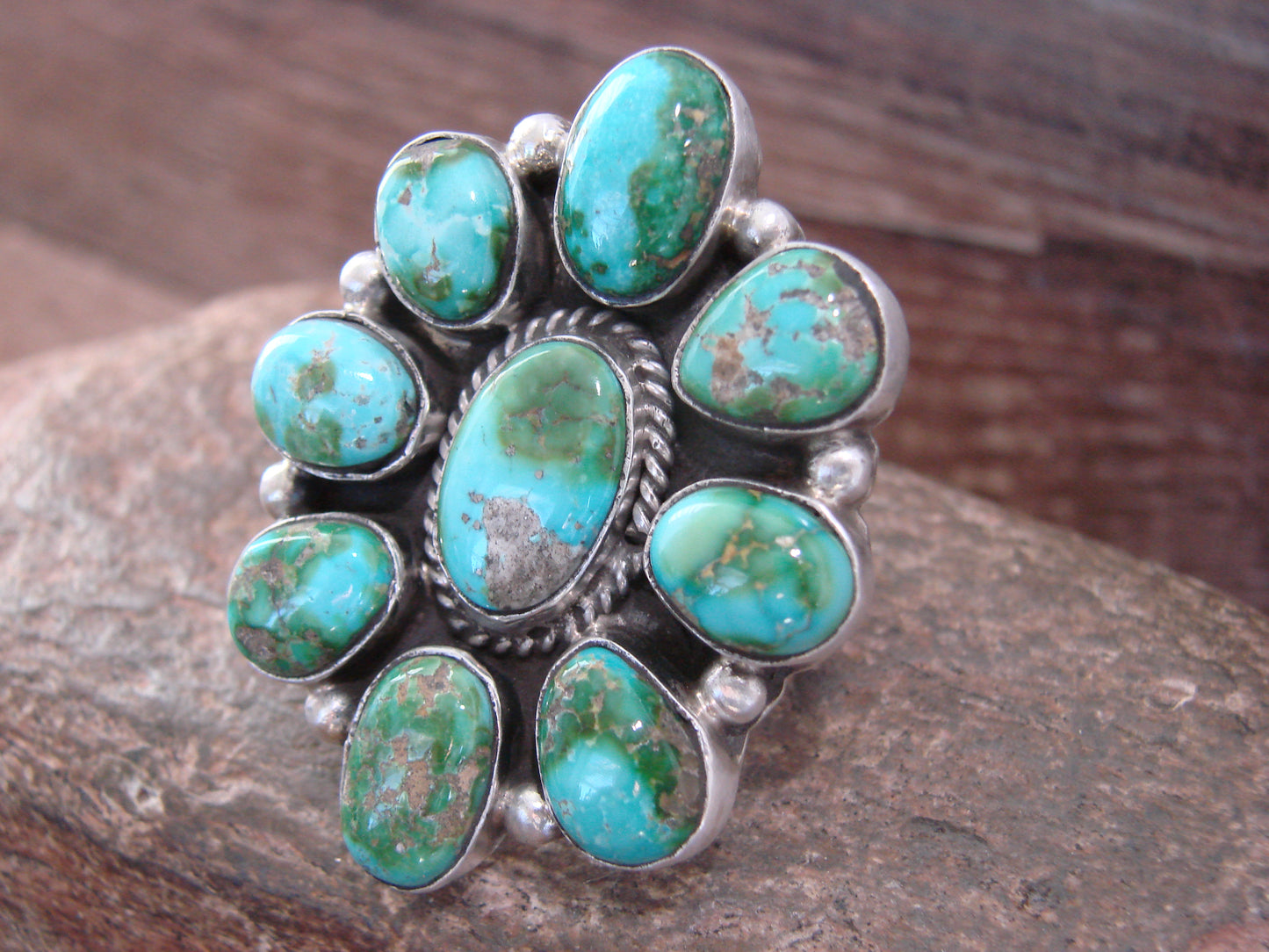 Large Native American Sterling Silver & Turquoise Cluster Ring - Williams - Size 8.5