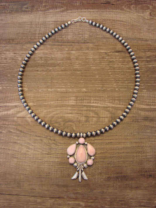 Navajo Indian Sterling Silver & Pink Conch Shell Pendant & Pearls