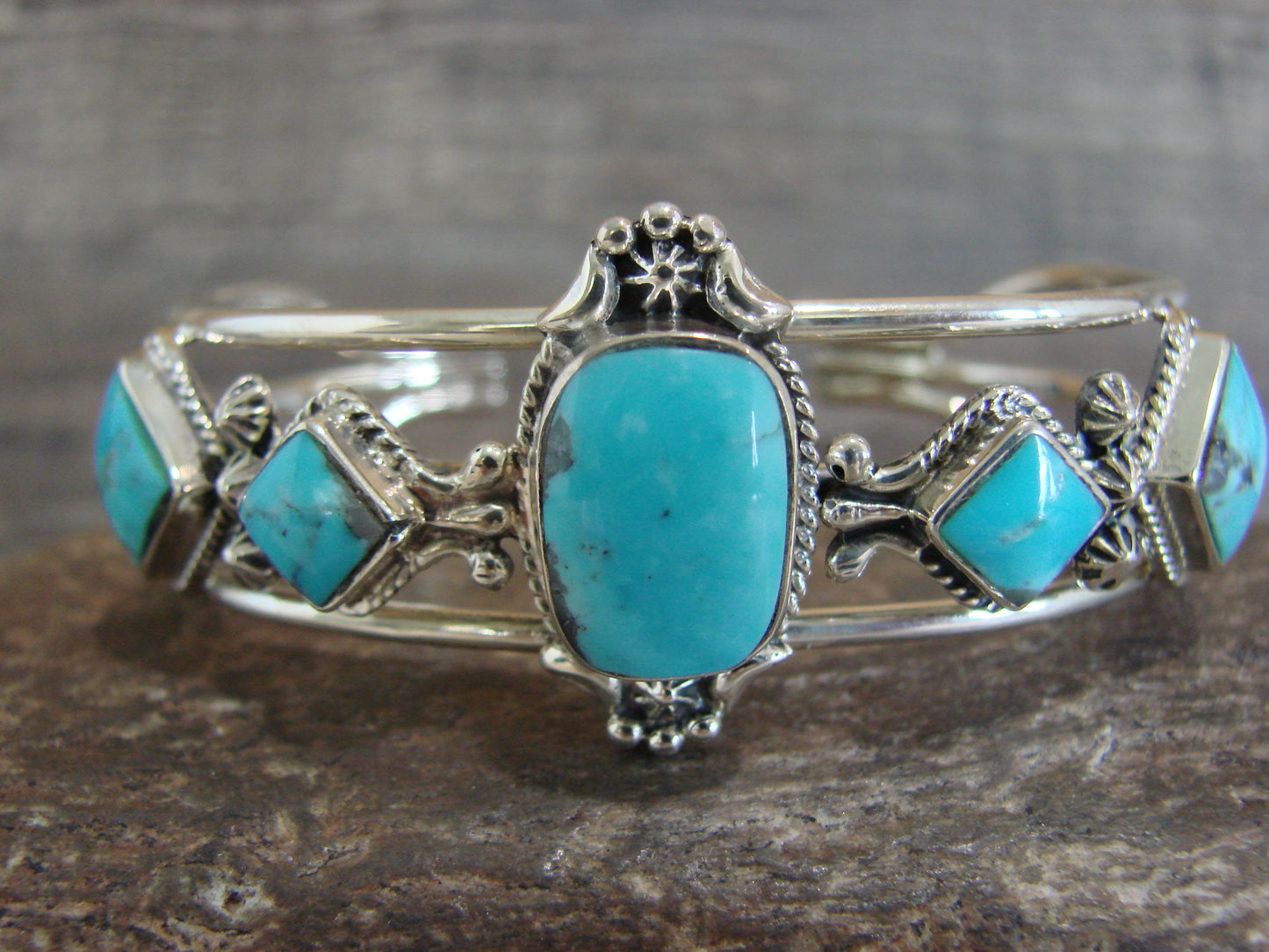 Native American Sterling Silver & Turquoise Row Bracelet by Smith