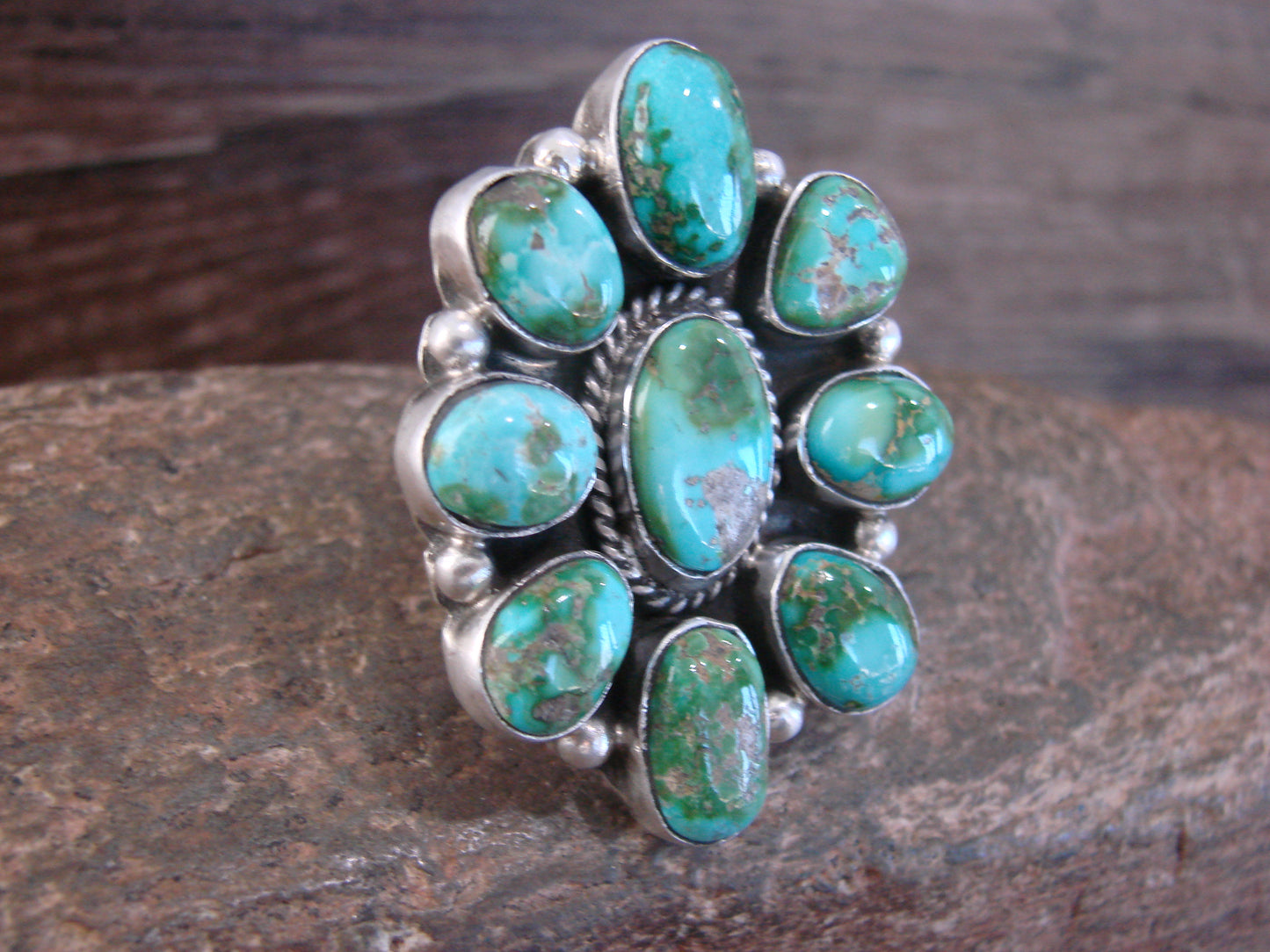 Large Native American Sterling Silver & Turquoise Cluster Ring - Williams - Size 8.5