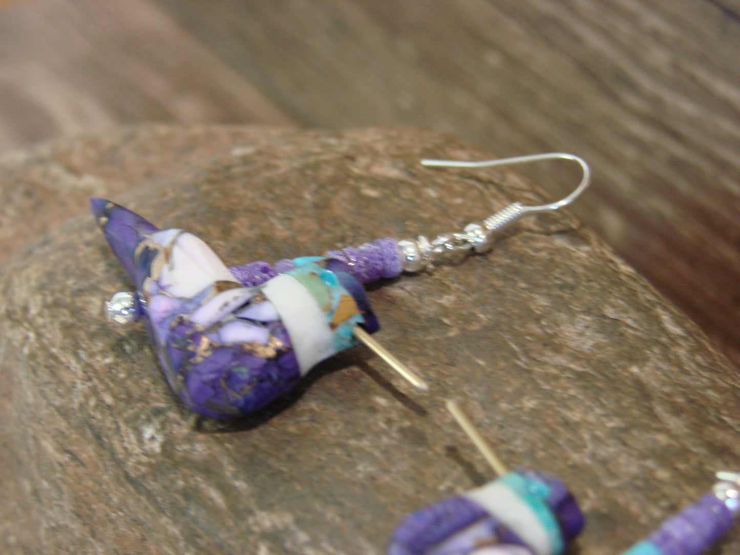 Purple Mohave Turquoise Bronze Aggregate Hummingbird Fetish Earrings - Mitchell