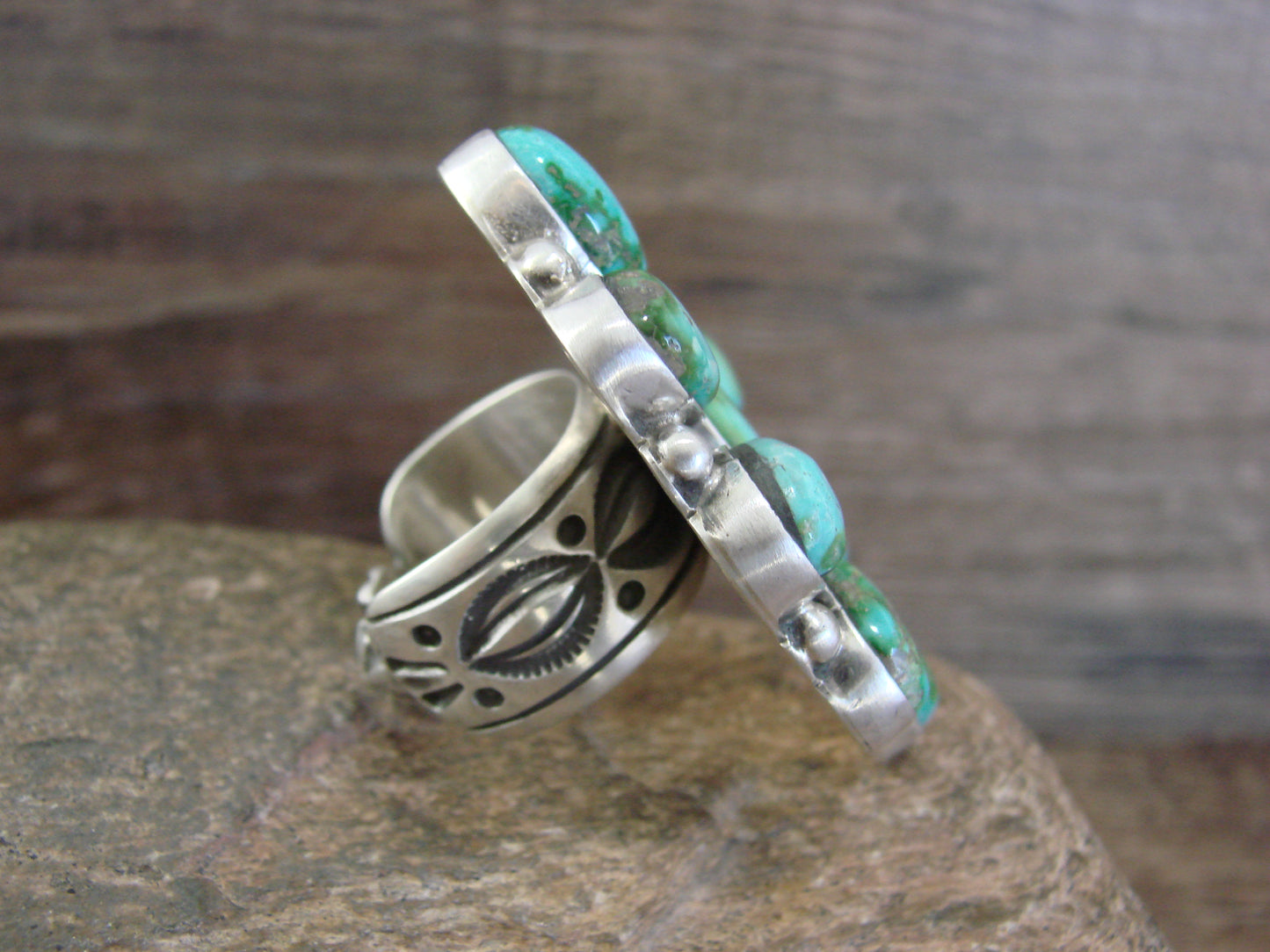 Large Native American Sterling Silver & Turquoise Cluster Ring - Williams - Size 8.5