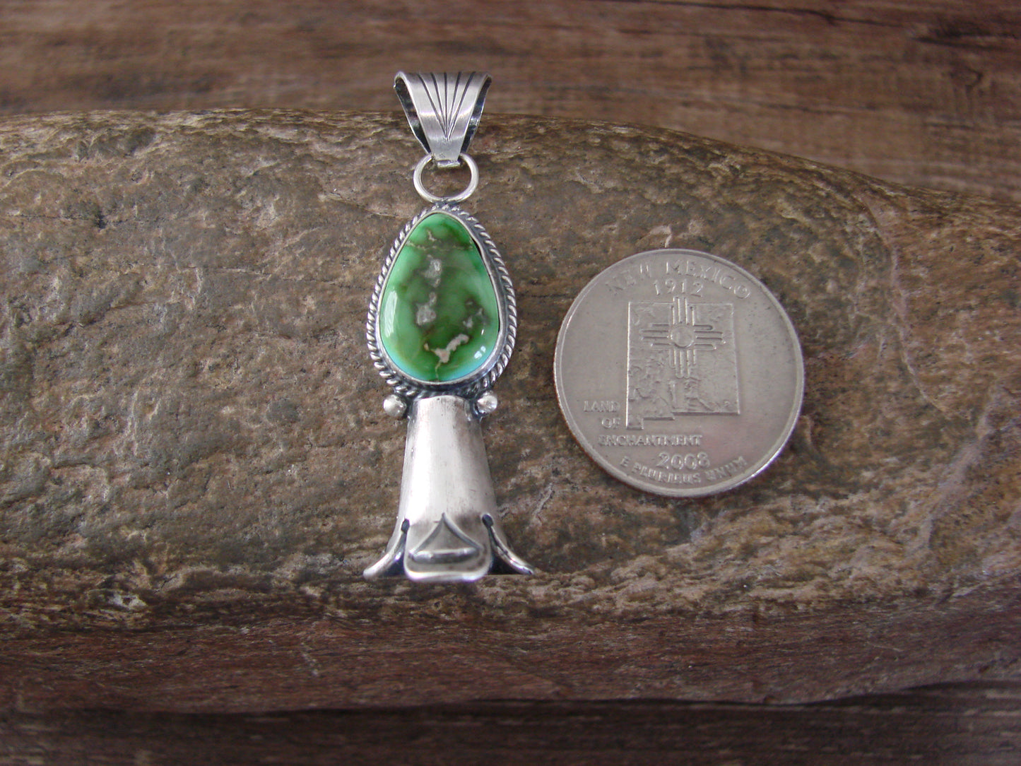 Native American Sterling Silver & Turquoise Squash Blossom Pendant by Betone