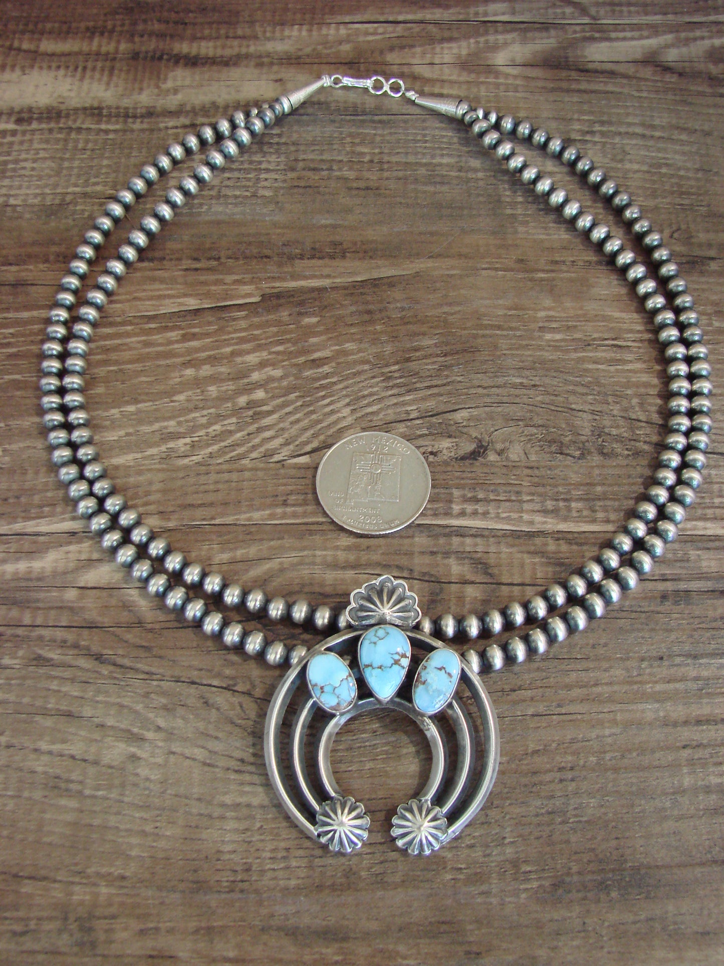 Native American 17" Sterling Silver & Turquoise Navajo Pearl Naja Necklace - Morgan