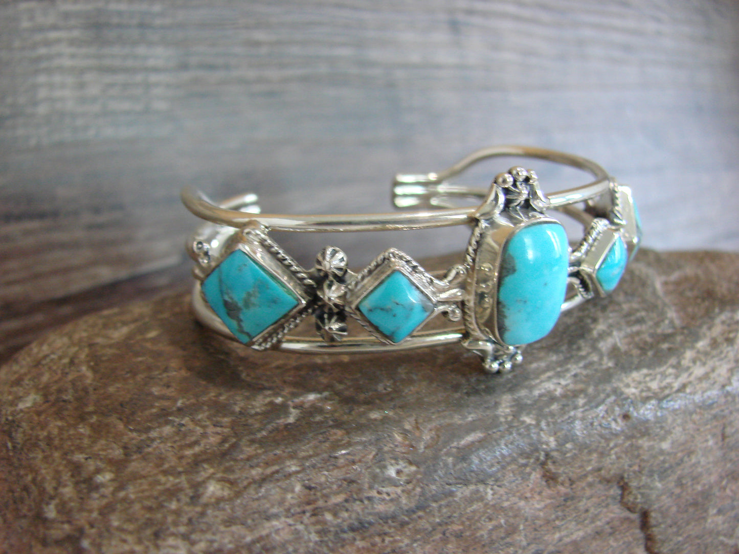 Native American Sterling Silver & Turquoise Row Bracelet by Smith