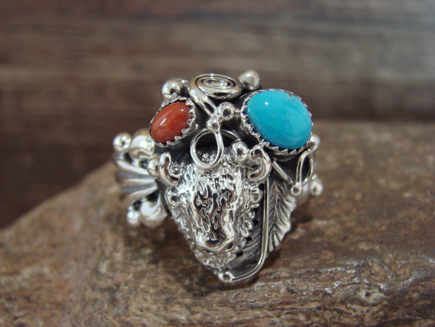 Navajo Sterling Silver Turquoise & Coral Buffalo Ring by Saunders -  Size 11