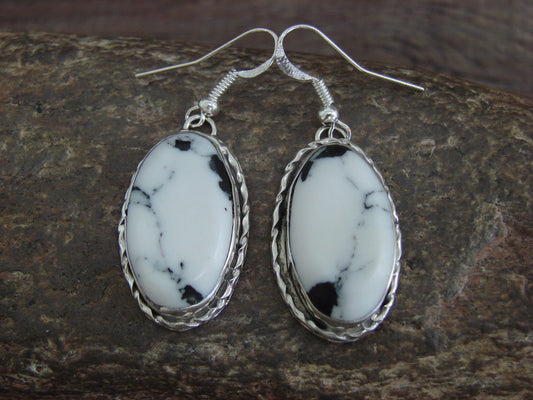 Native American Sterling Silver & White Buffalo Turquoise Dangle Earrings - Mariano