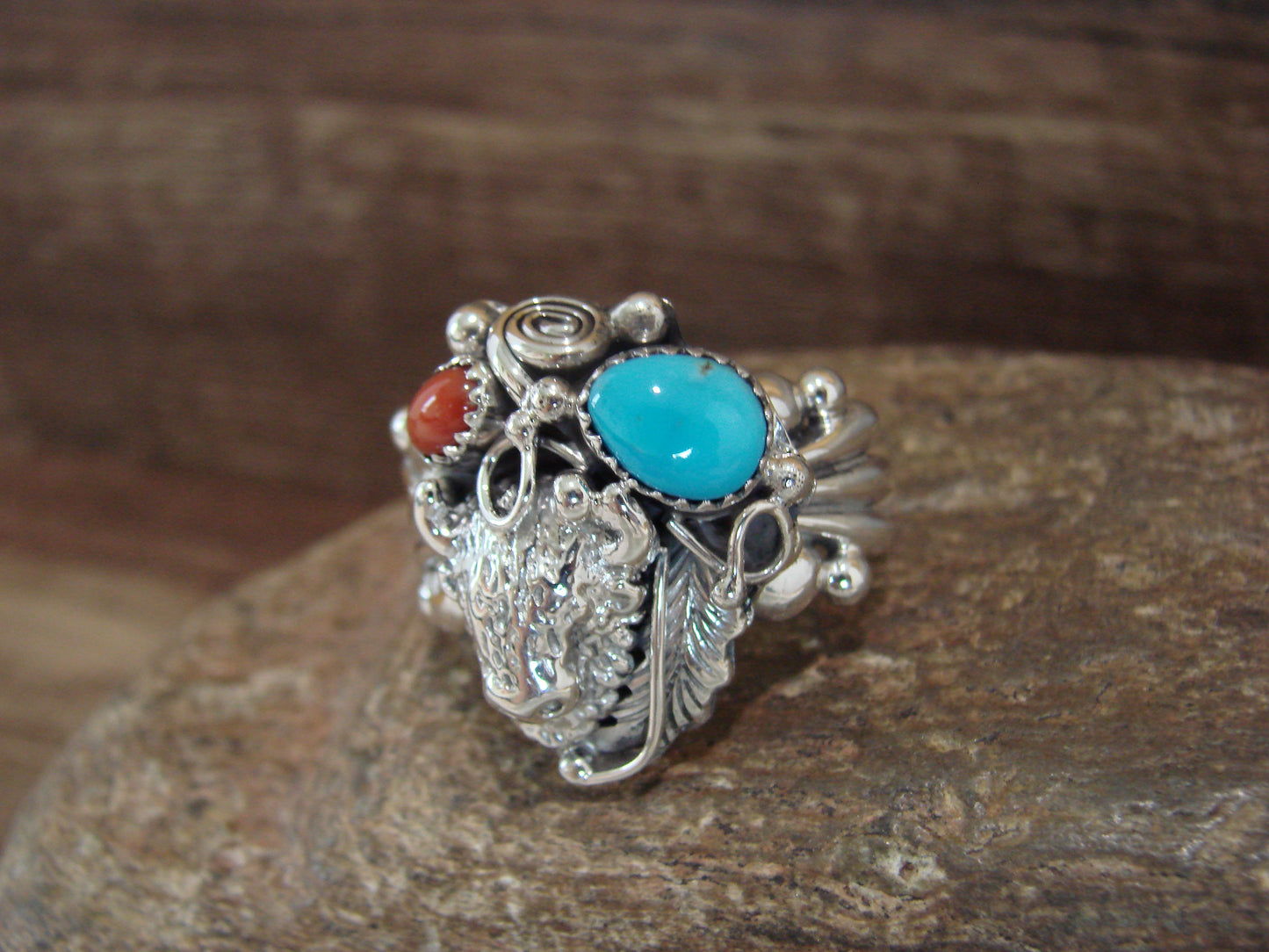 Navajo Sterling Silver Turquoise & Coral Buffalo Ring by Saunders -  Size 11