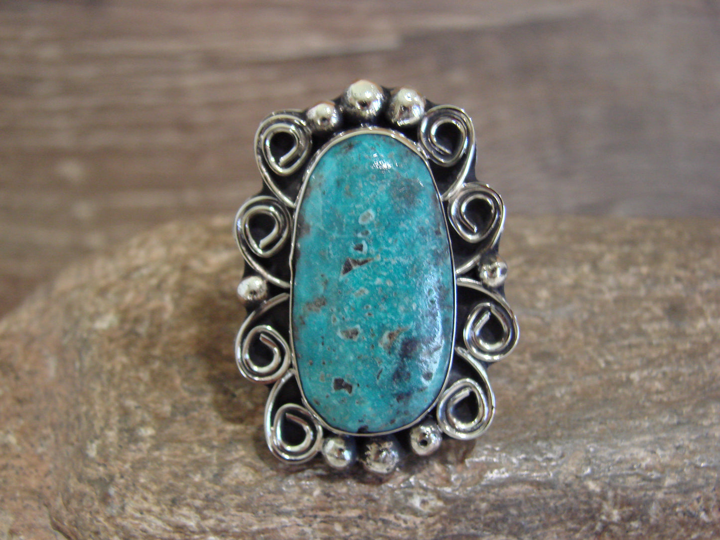 Native American Nickel Silver & Turquoise Ring by Cleveland - Size 10.5