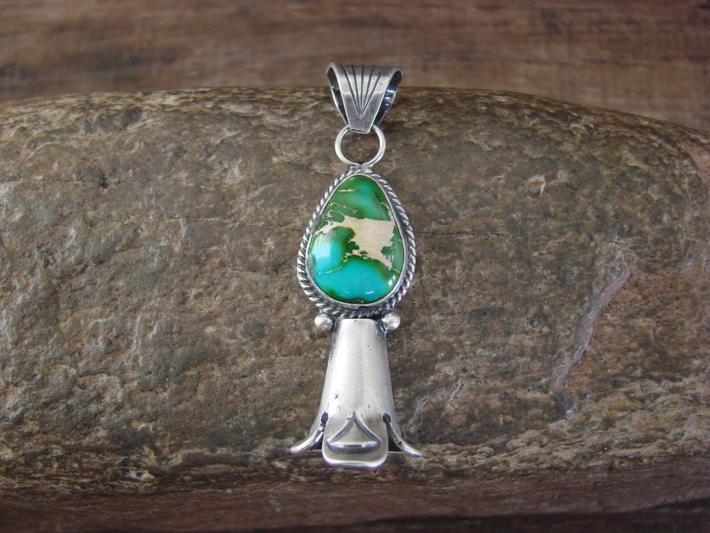 Native American Sterling Silver & Turquoise Squash Blossom Pendant by Betone