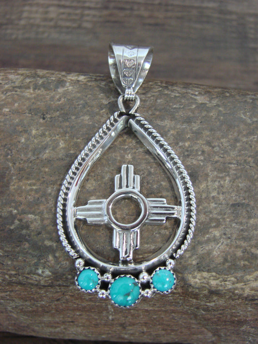 Native American Sterling Silver & Turquoise Zia Pendant Signed Garcia