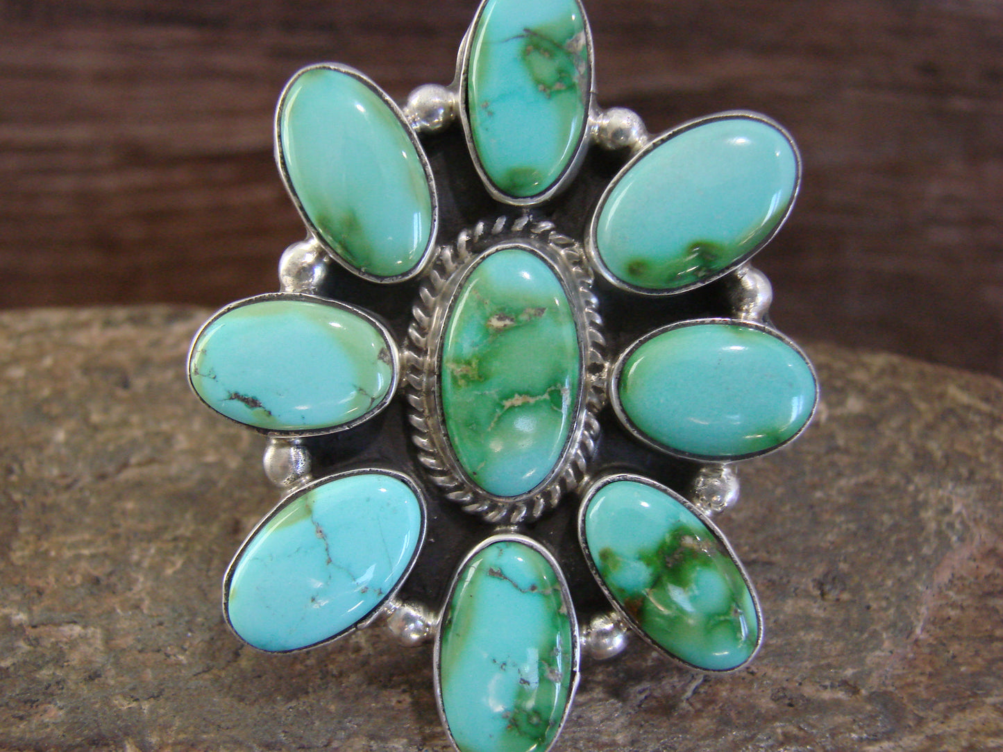 Large Native American Sterling Silver & Turquoise Cluster Ring - Williams - Size 8.5