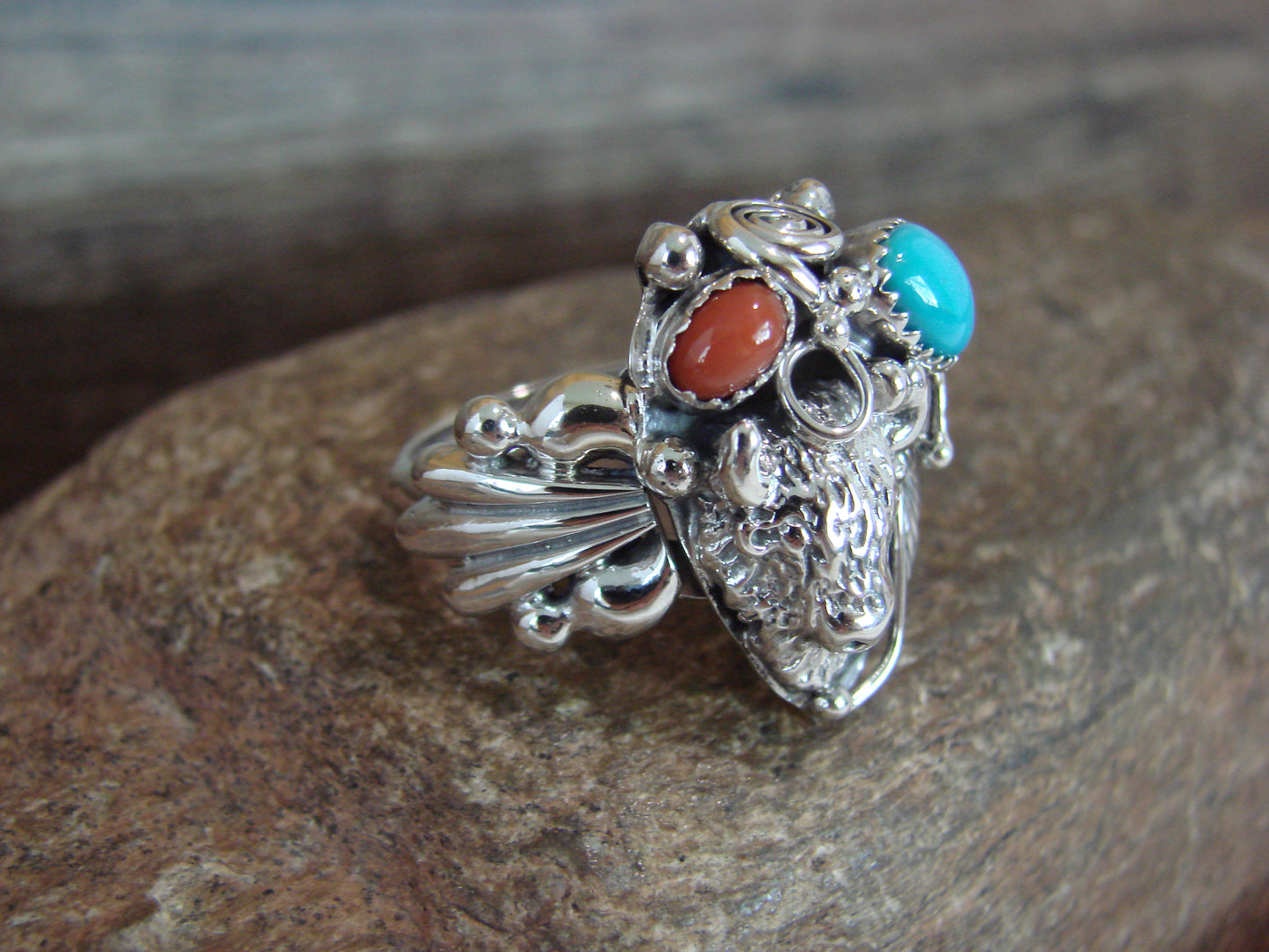 Navajo Sterling Silver Turquoise & Coral Buffalo Ring by Saunders -  Size 11