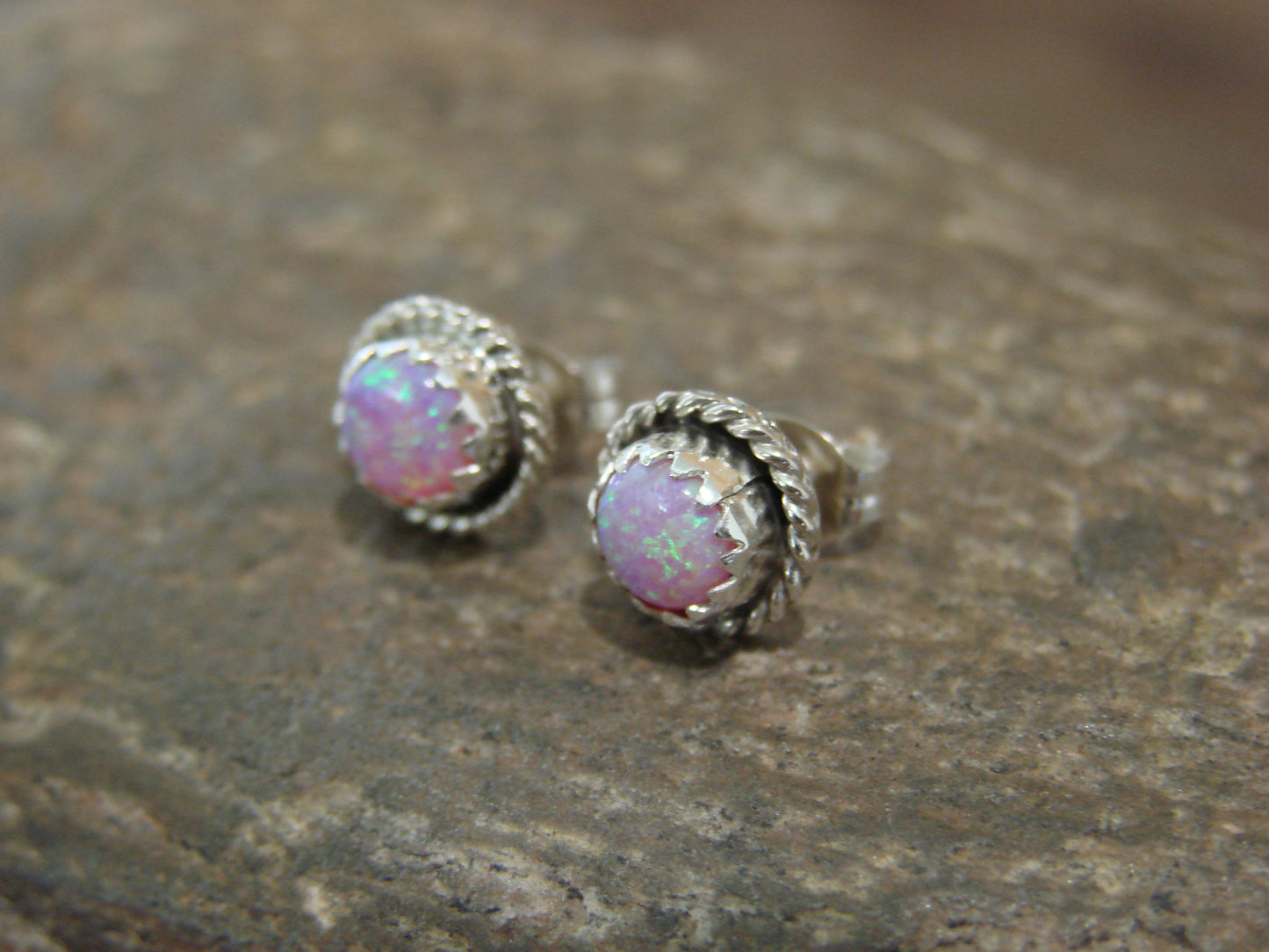 Native American Sterling Silver 1/4" Round Pink Opal Post Earrings by White