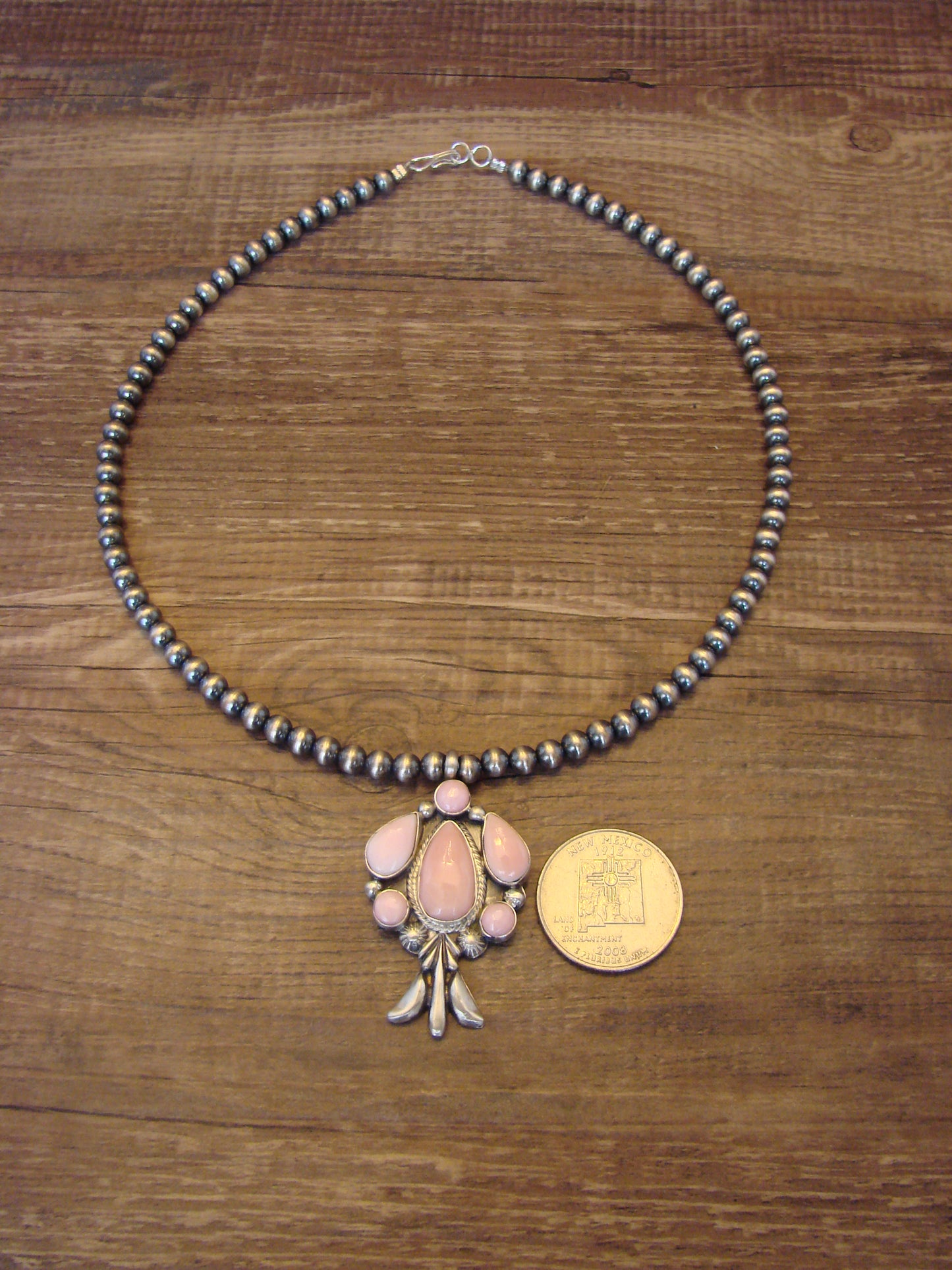 Navajo Indian Sterling Silver & Pink Conch Shell Pendant & Pearls