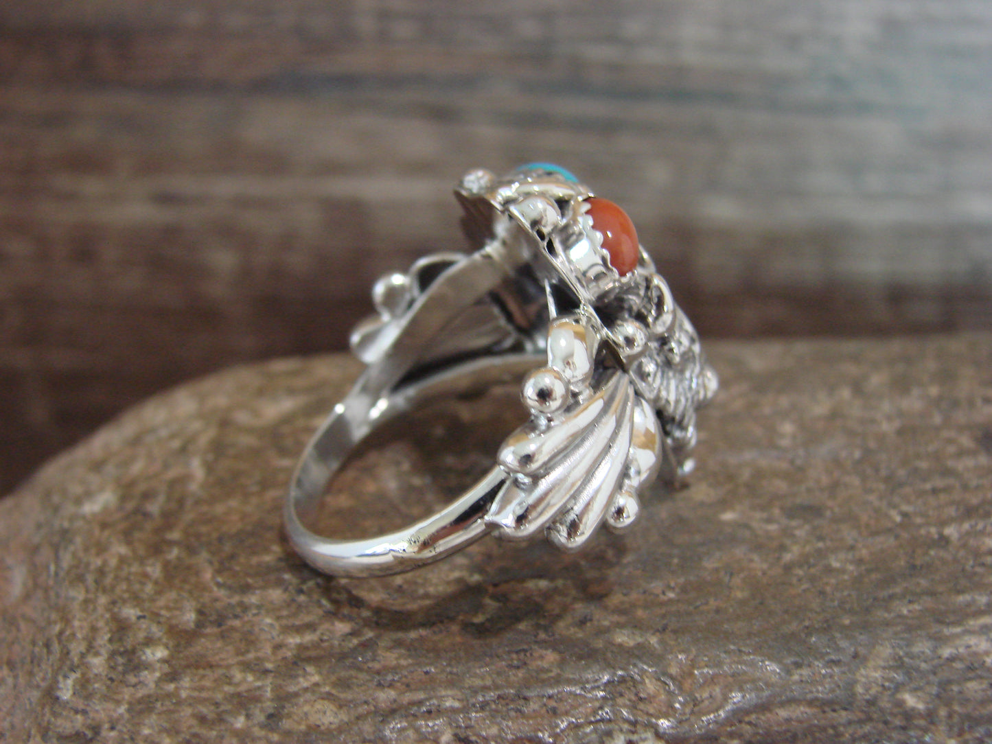 Navajo Sterling Silver Turquoise & Coral Buffalo Ring by Saunders -  Size 11