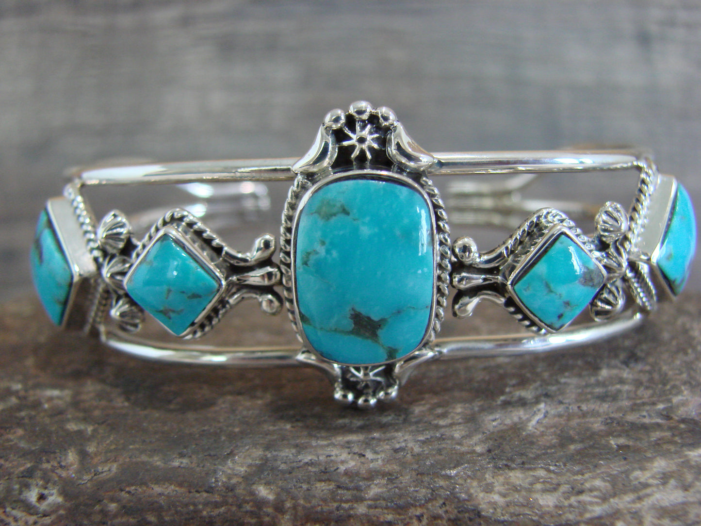 Native American Sterling Silver & Turquoise Row Bracelet by Smith