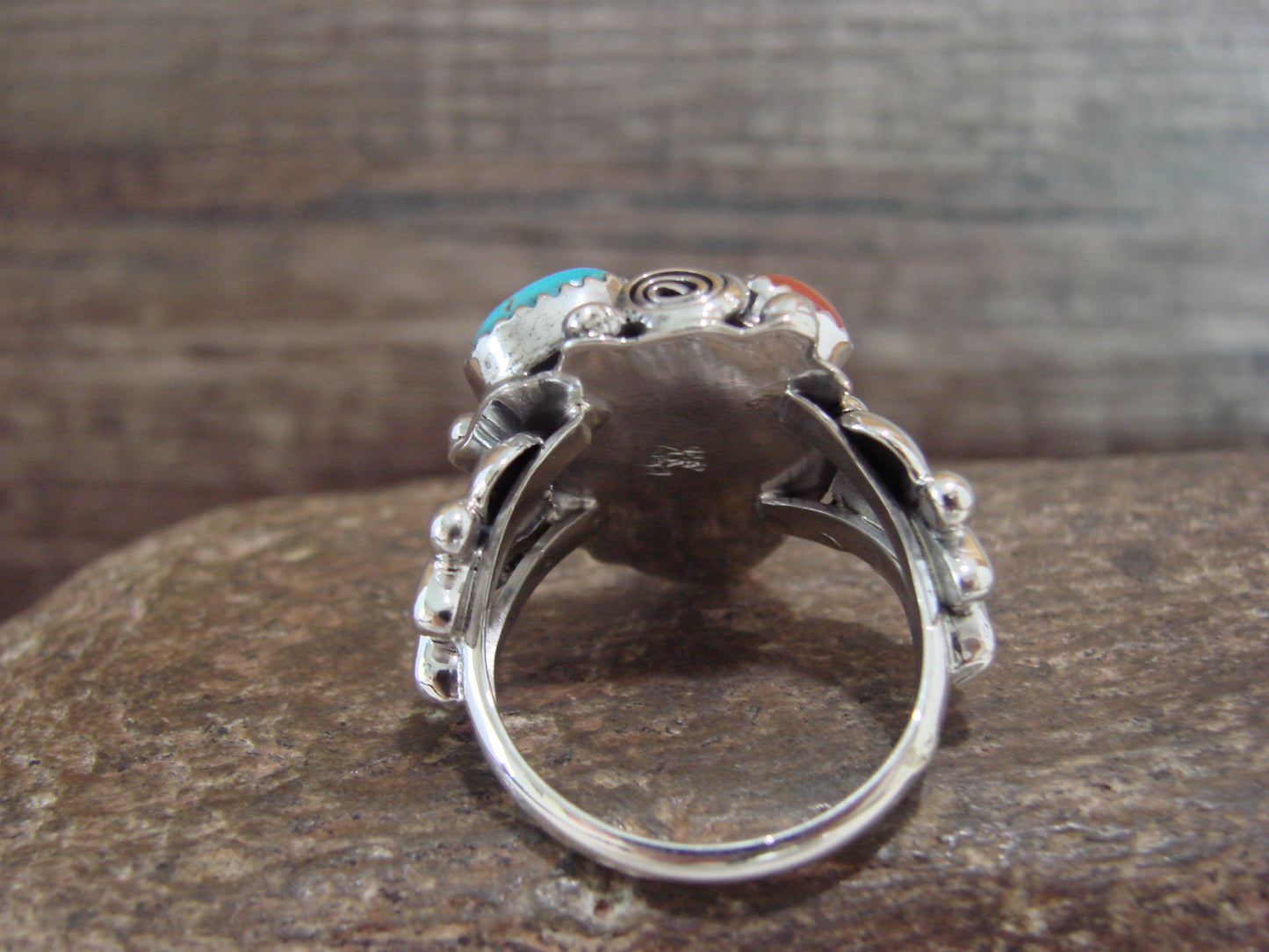 Navajo Sterling Silver Turquoise & Coral Buffalo Ring by Saunders -  Size 11