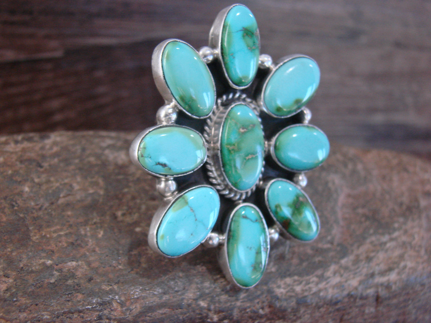 Large Native American Sterling Silver & Turquoise Cluster Ring - Williams - Size 8.5