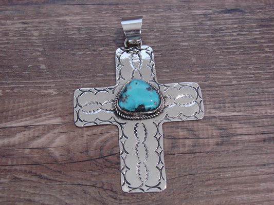 Large Native American Nickel Silver & Turquoise Cross Pendant - Cleveland