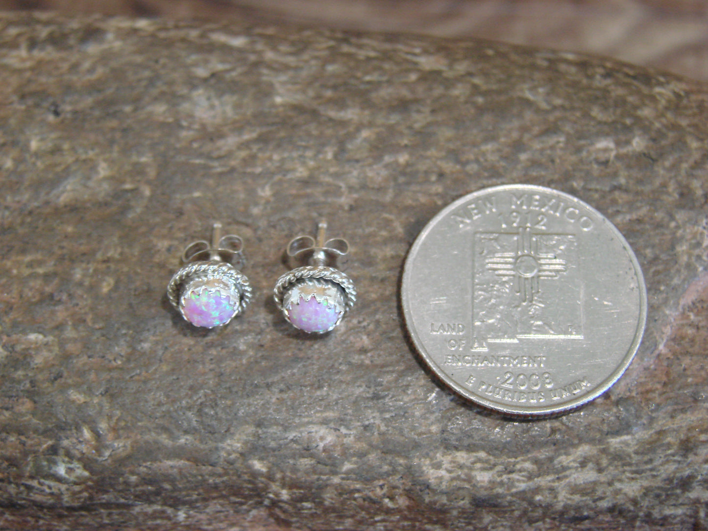 Native American Sterling Silver 1/4" Round Pink Opal Post Earrings by White