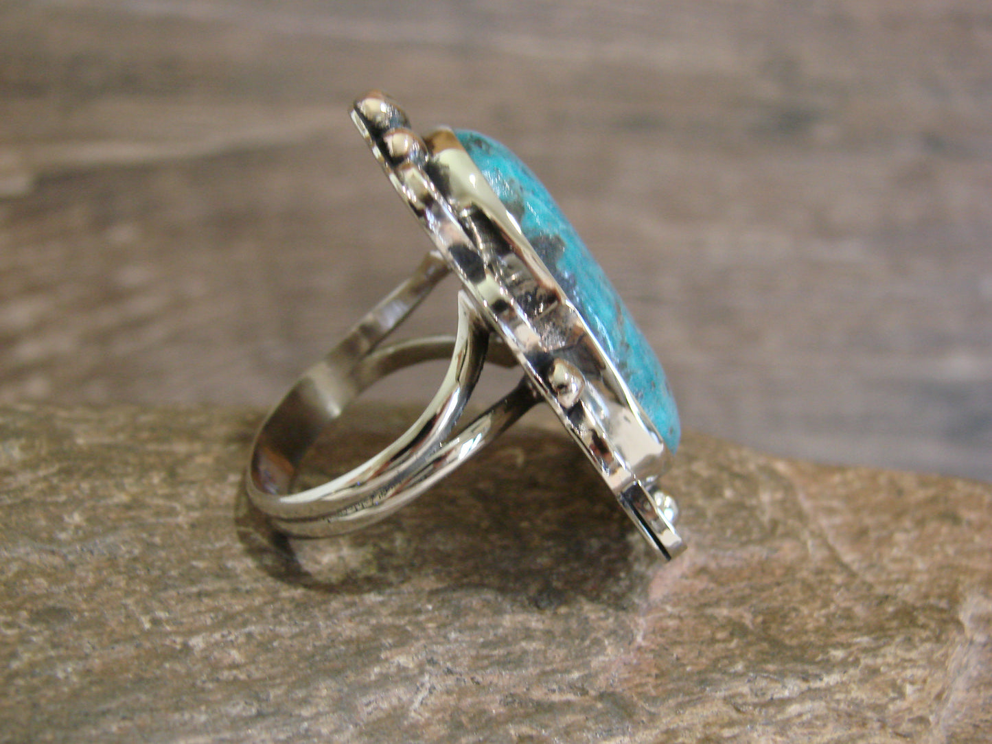 Native American Nickel Silver & Turquoise Ring by Cleveland - Size 10.5