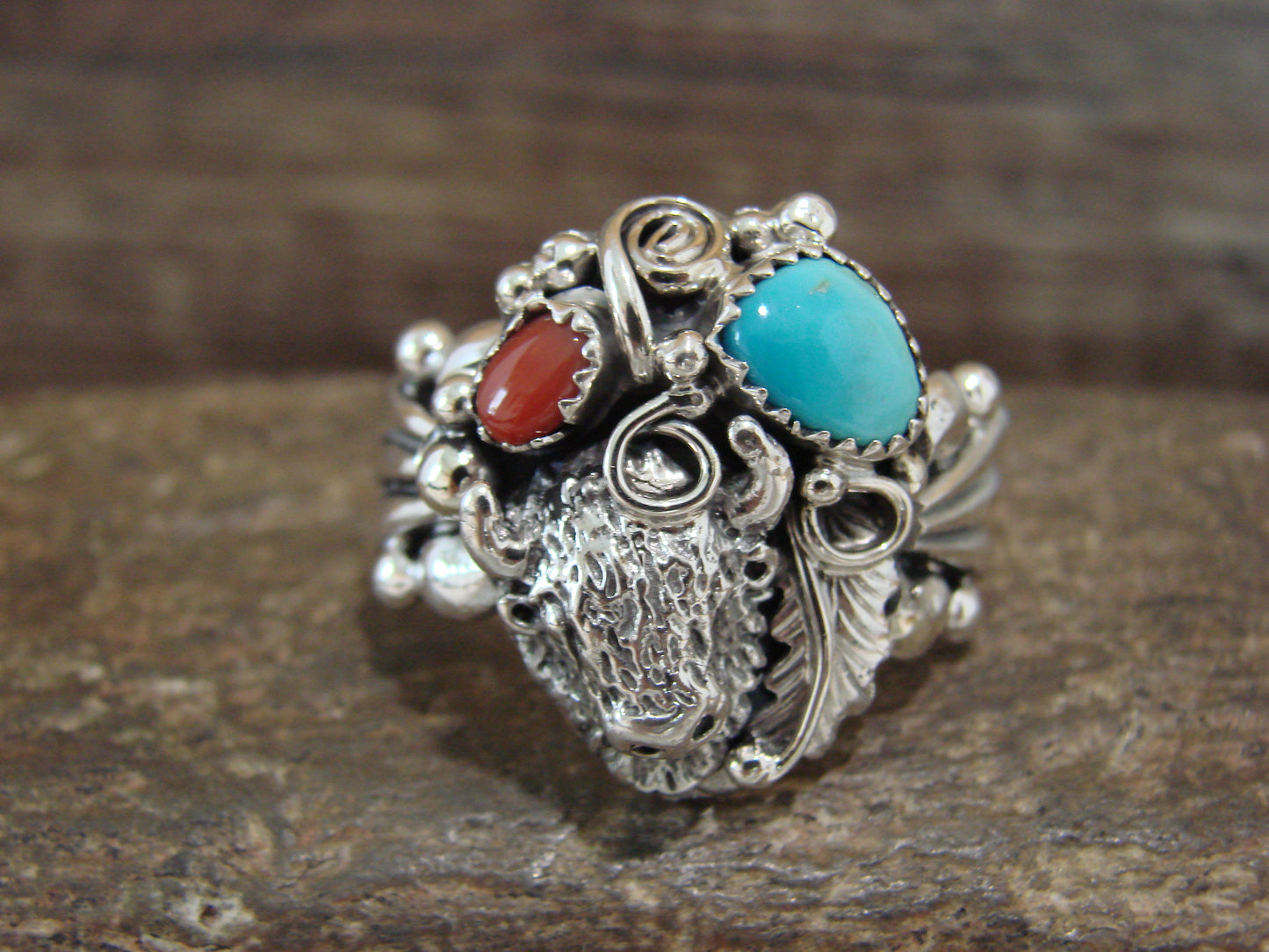 Navajo Sterling Silver Turquoise & Coral Buffalo Ring by Saunders -  Size 13