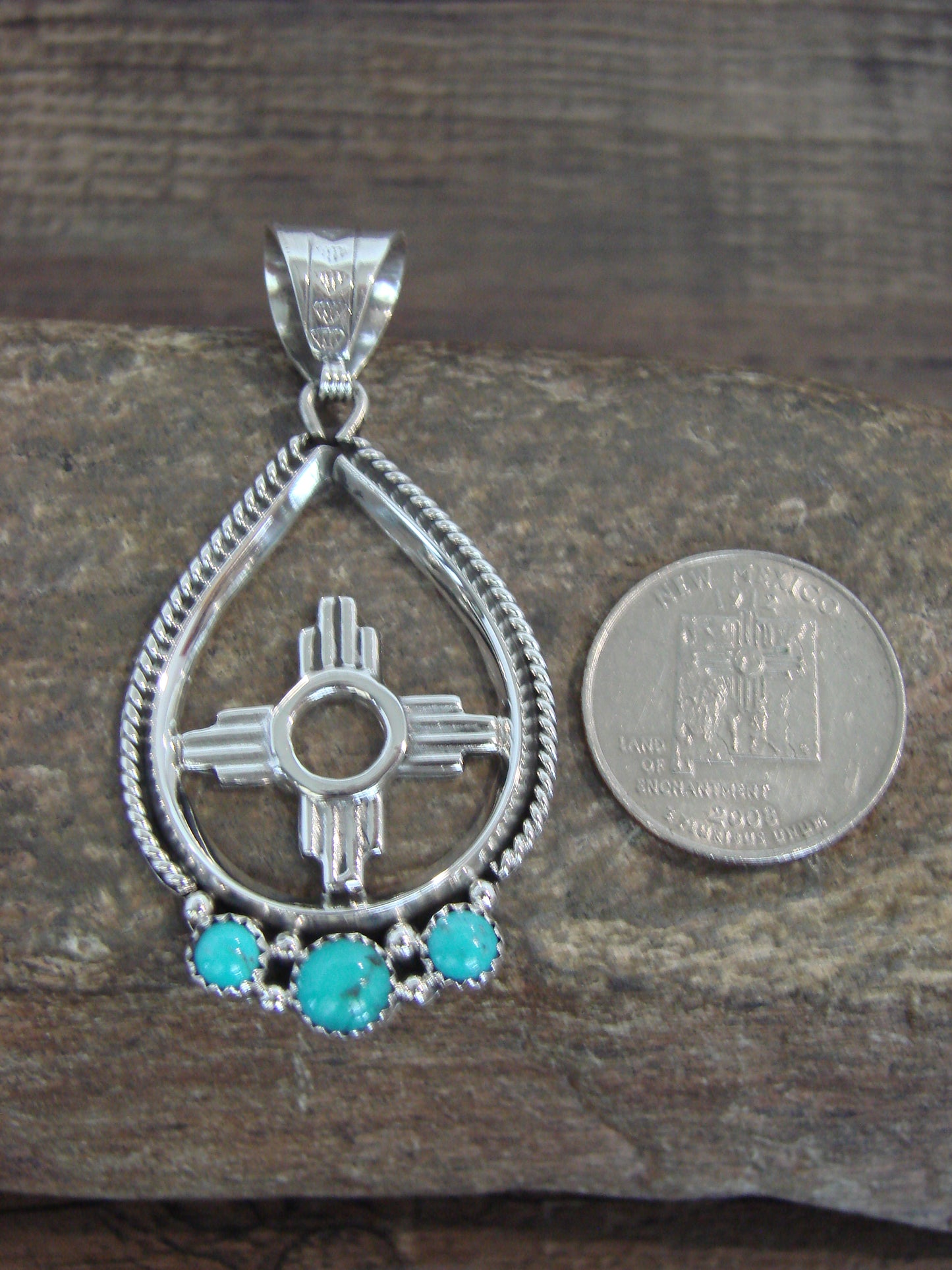 Native American Sterling Silver & Turquoise Zia Pendant Signed Garcia
