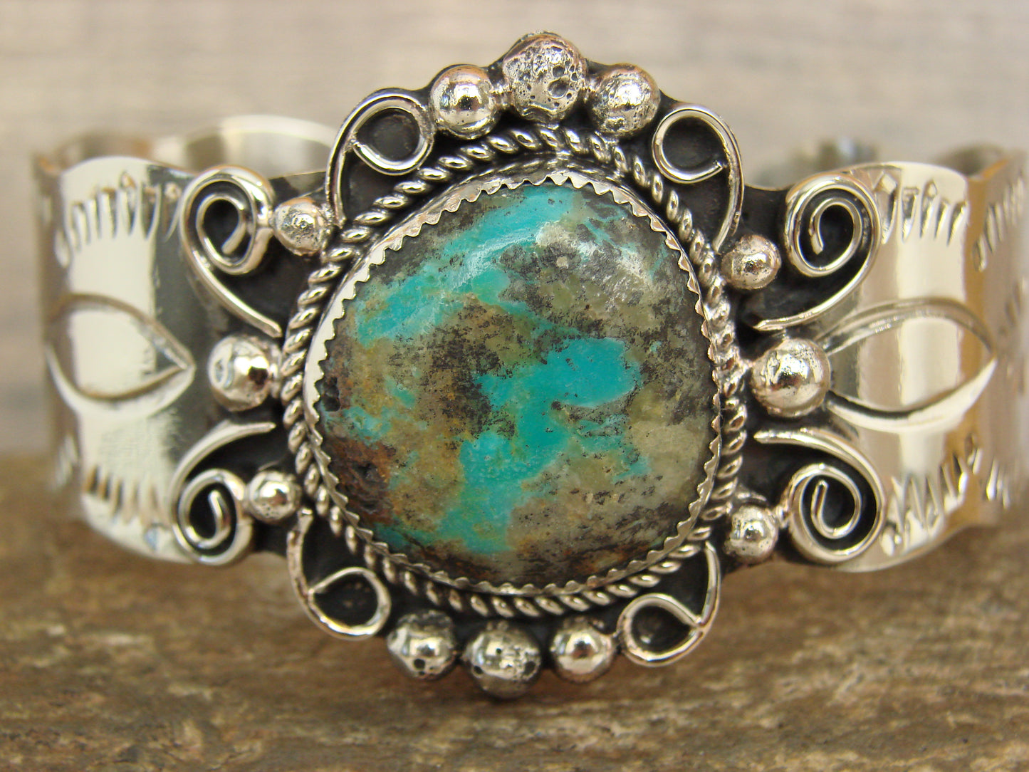 Native American Nickel Silver & Turquoise Bracelet by Cleveland