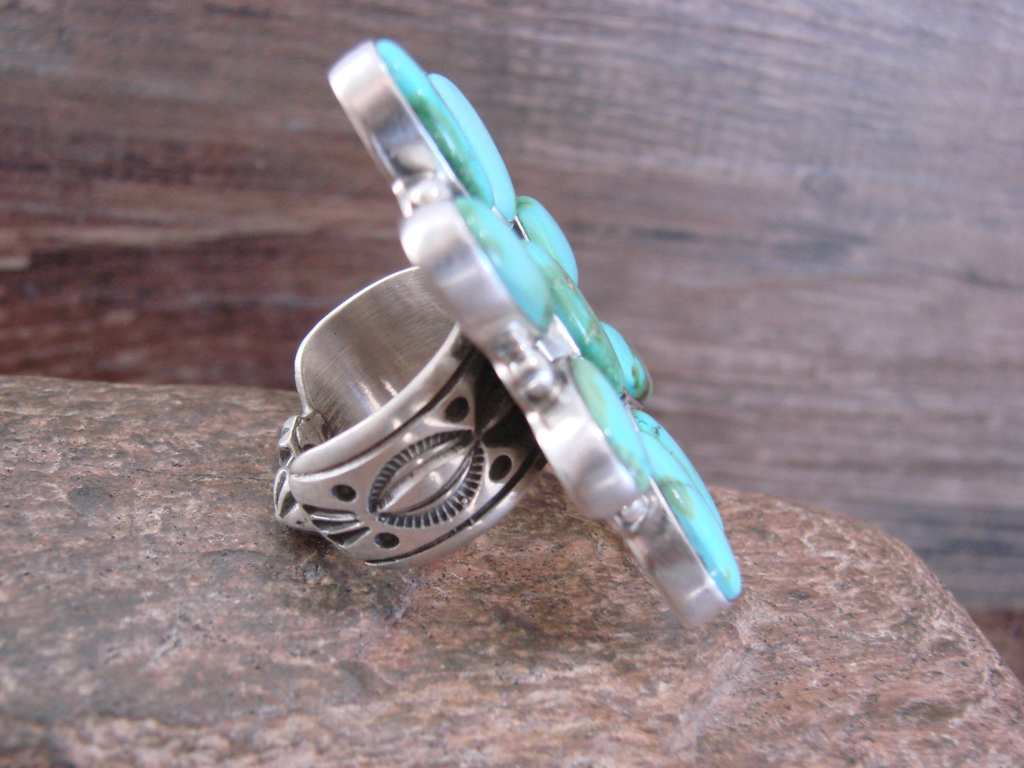 Large Native American Sterling Silver & Turquoise Cluster Ring - Williams - Size 8.5