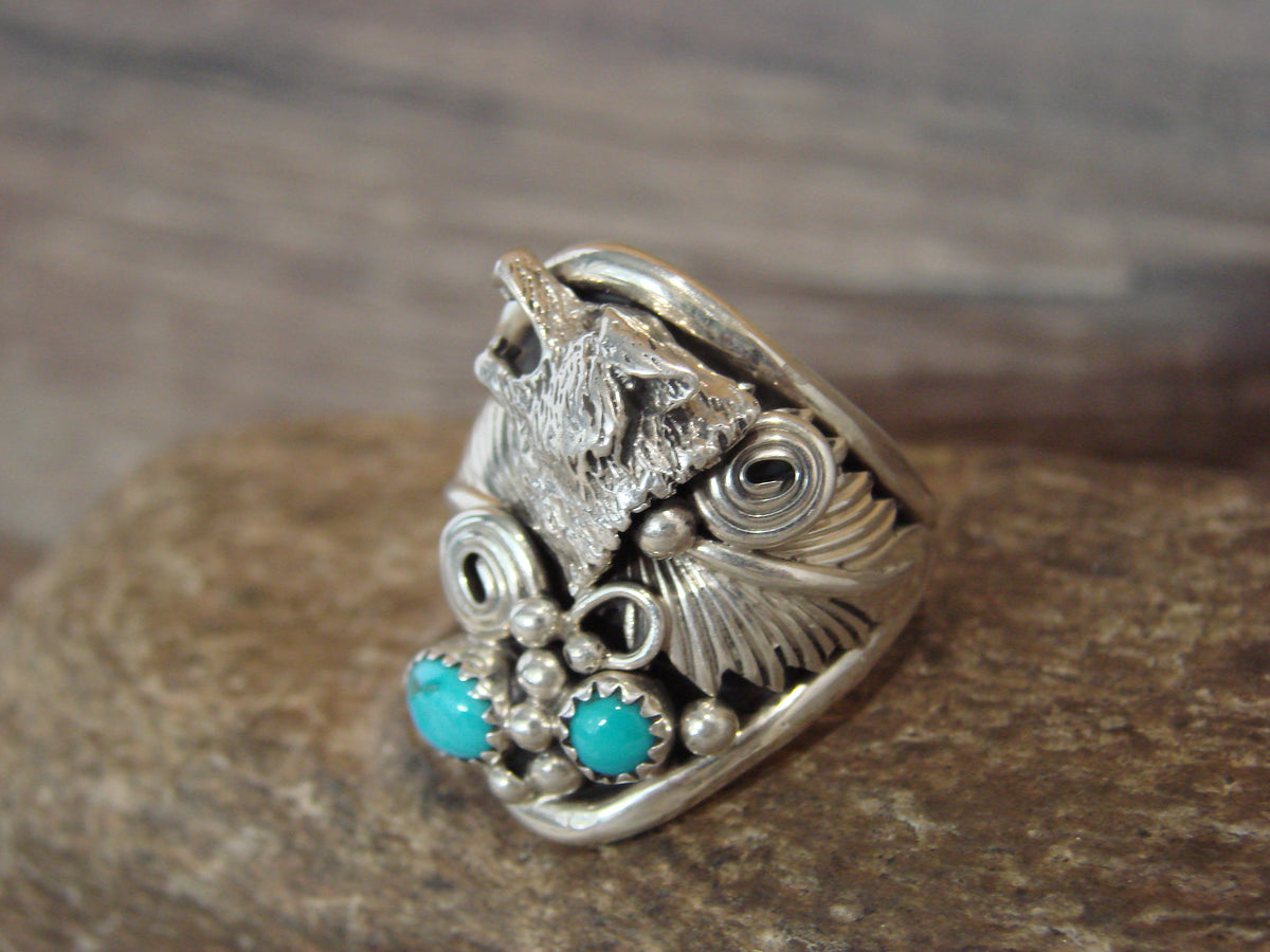 Native American Sterling Silver & Turquoise Wolf Ring - Morgan - Size 9.5