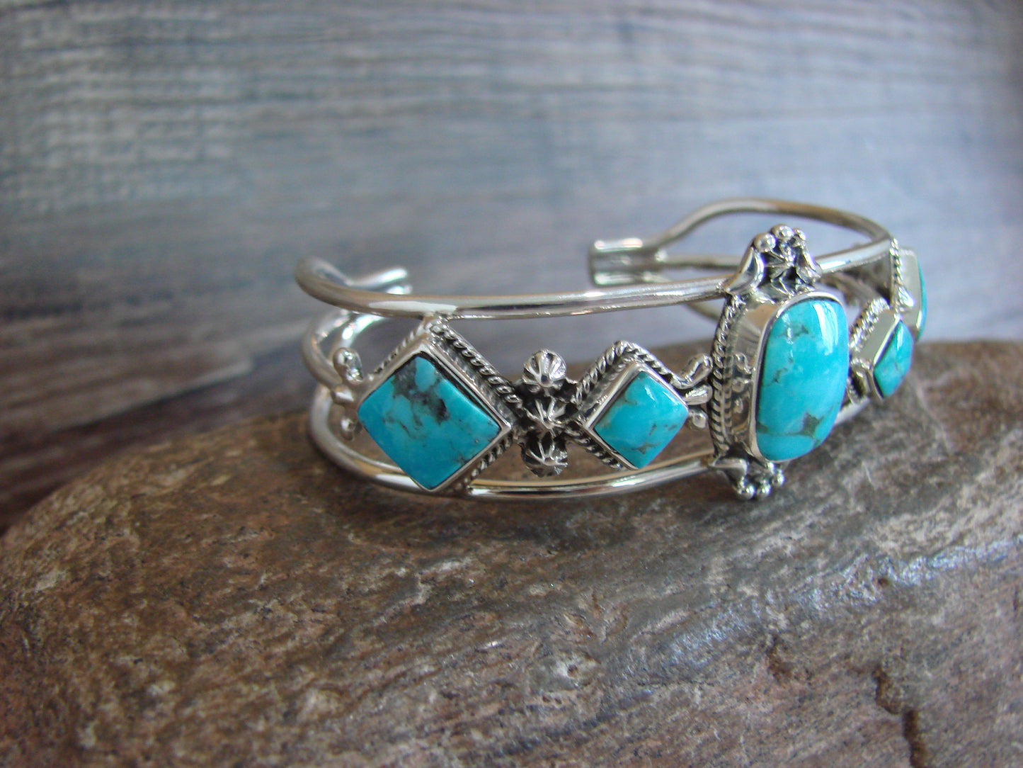 Native American Sterling Silver & Turquoise Row Bracelet by Smith