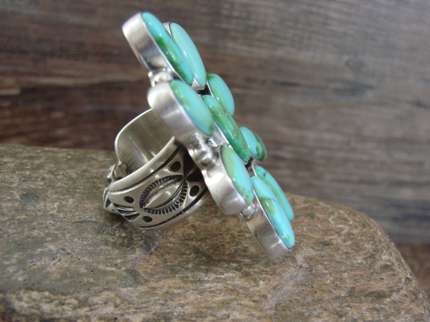 Large Native American Sterling Silver & Turquoise Cluster Ring - Williams - Size 8.5