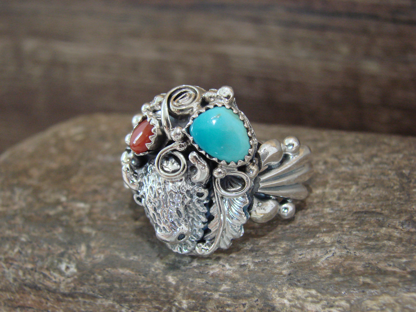 Navajo Sterling Silver Turquoise & Coral Buffalo Ring by Saunders -  Size 13