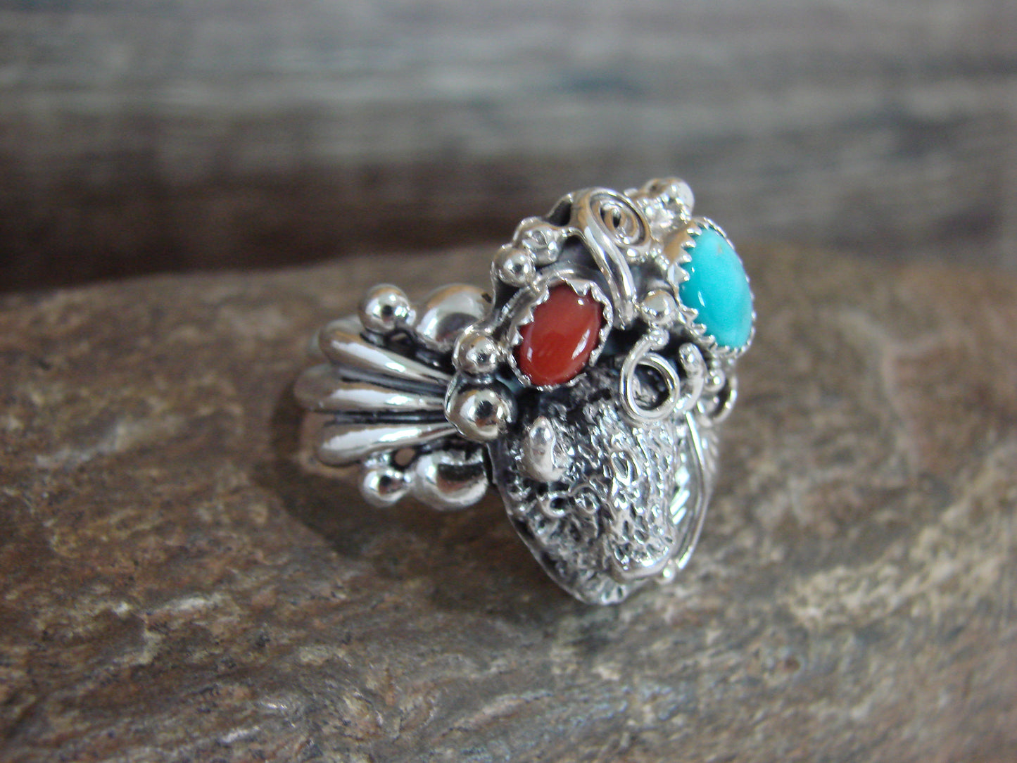 Navajo Sterling Silver Turquoise & Coral Buffalo Ring by Saunders -  Size 13
