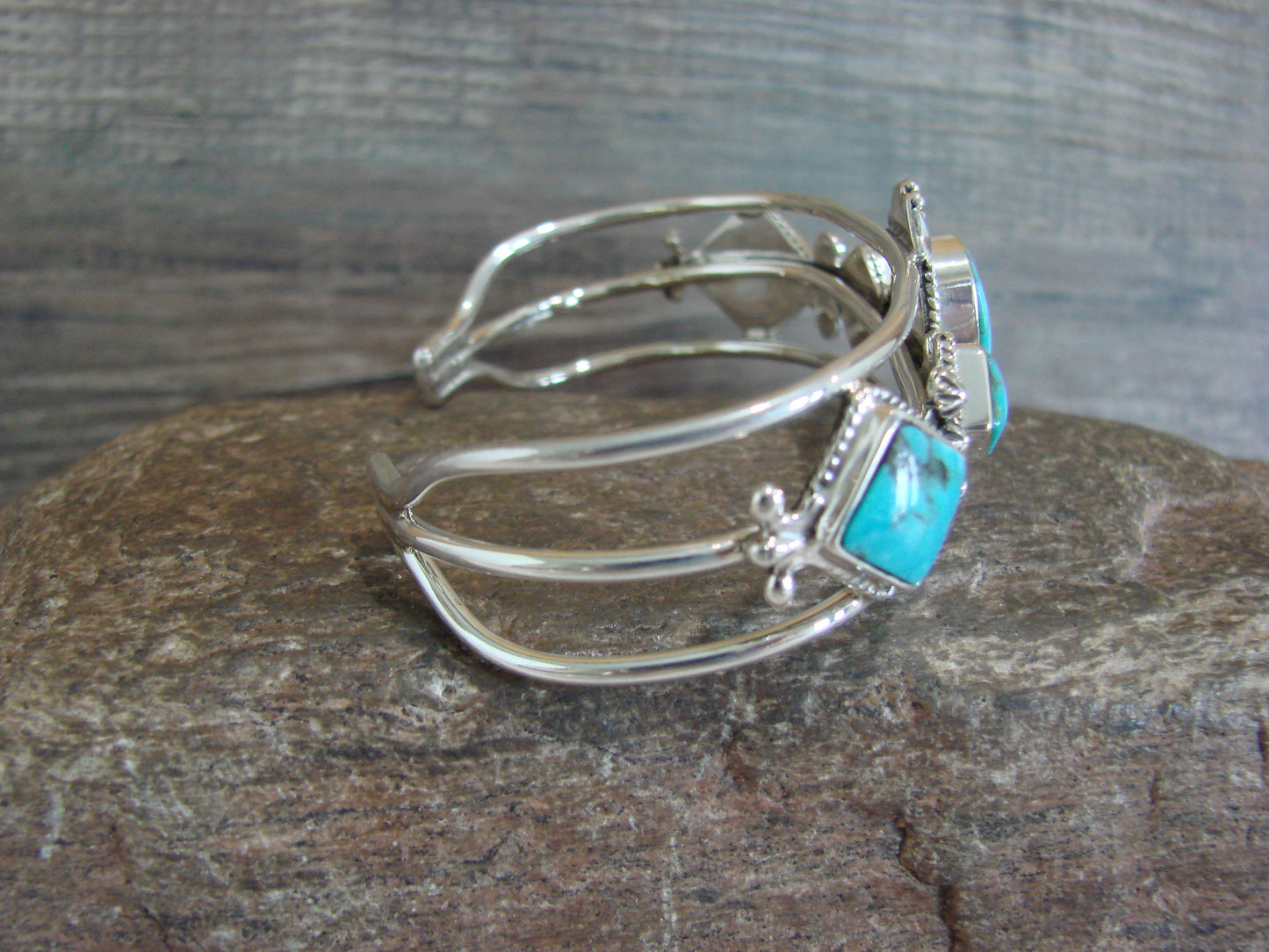 Native American Sterling Silver & Turquoise Row Bracelet by Smith
