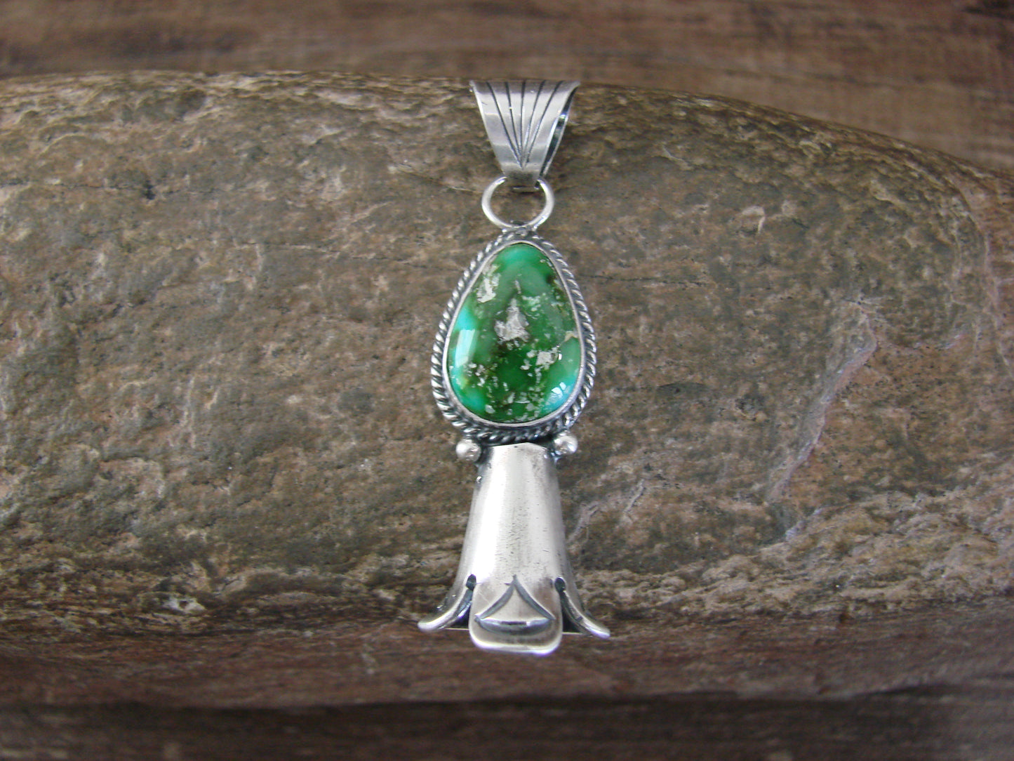 Native American Sterling Silver & Turquoise Squash Blossom Pendant by Betone