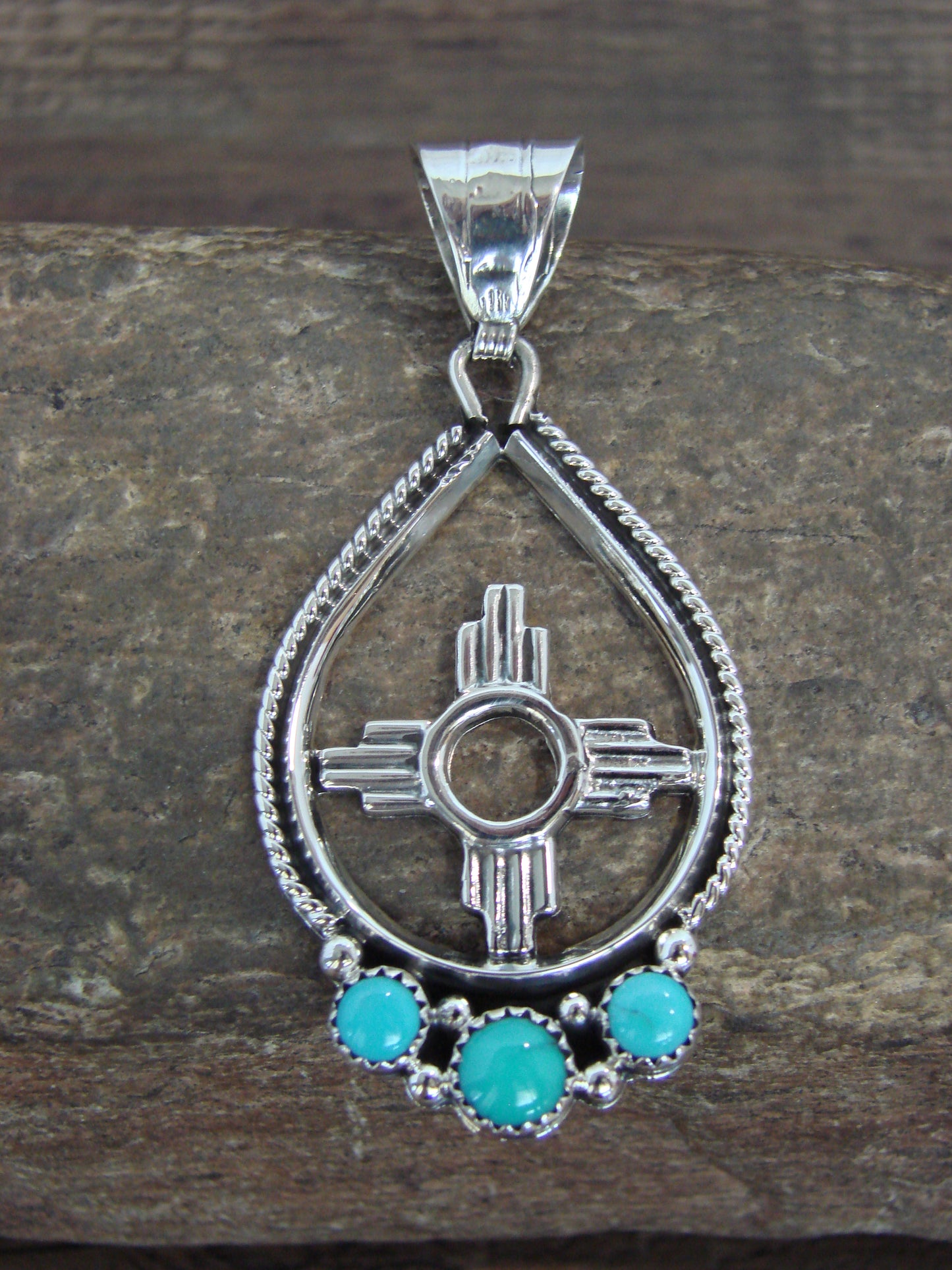 Native American Sterling Silver & Turquoise Zia Pendant Signed Garcia