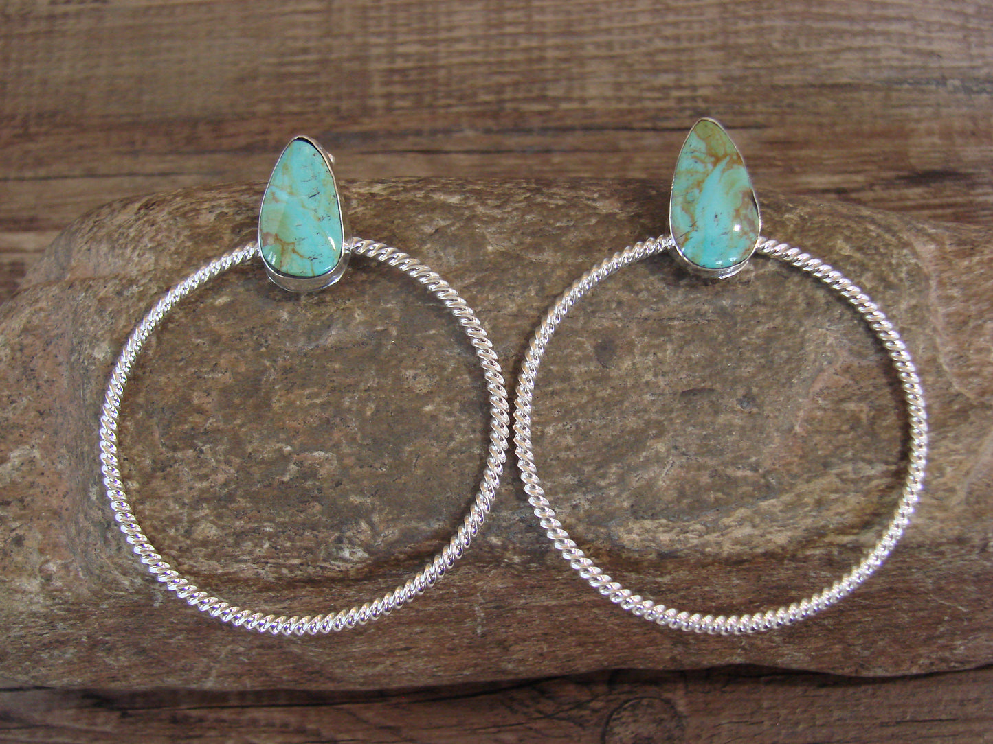 Native American Sterling Silver & Turquoise Hoop Post Earrings - Betone