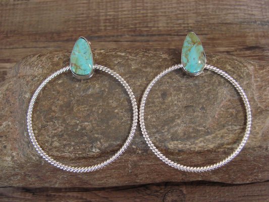 Native American Sterling Silver & Turquoise Hoop Post Earrings - Betone